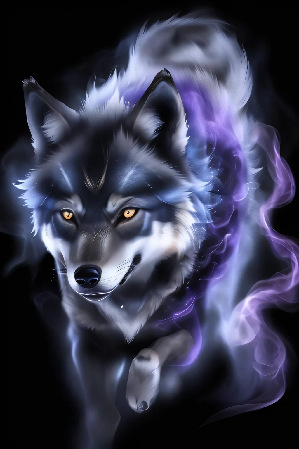 wolf from black smoke  blue|purple background