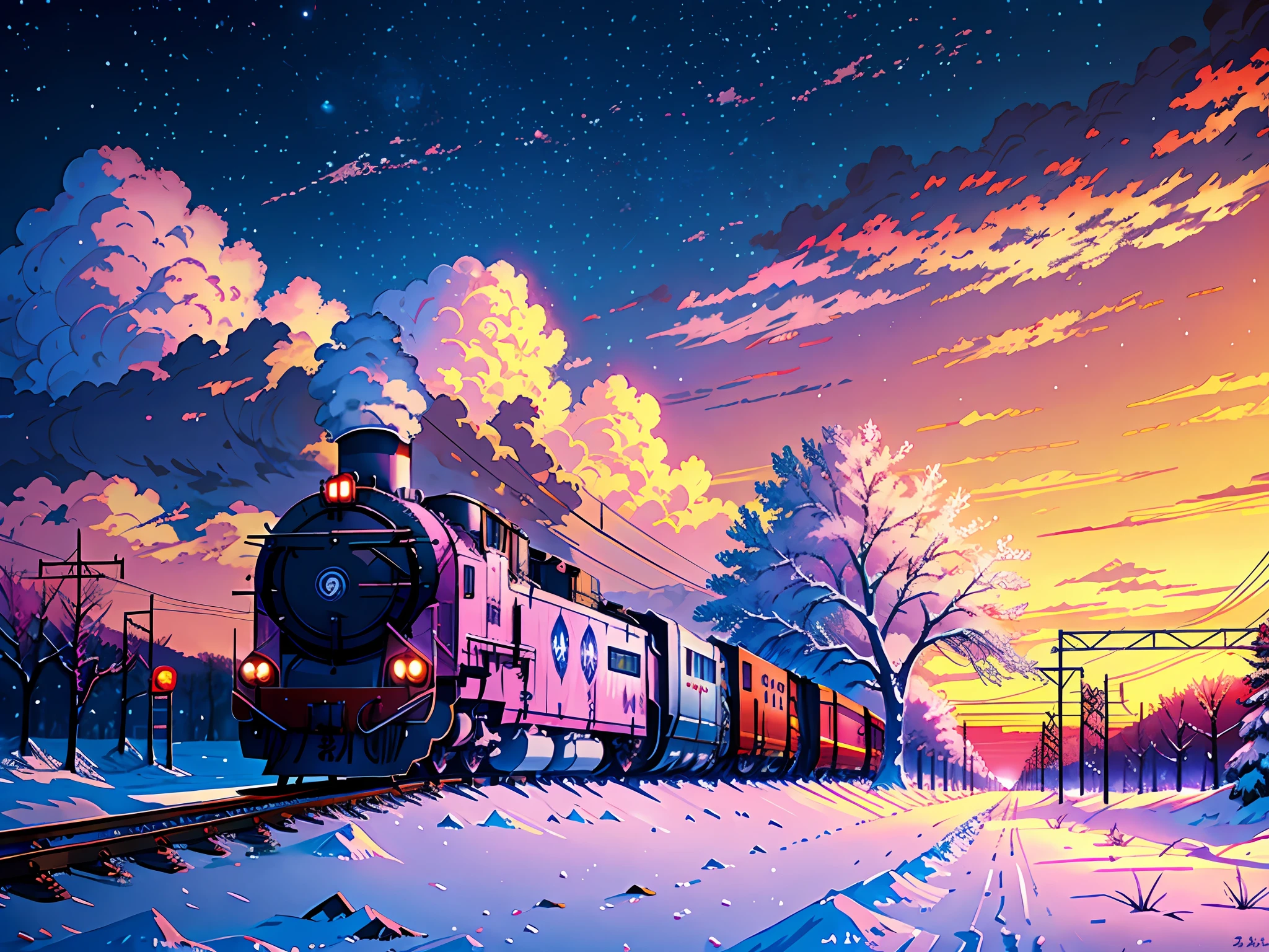 anime scenery of a huge train running on a vast winter plains under a starry night, purple pink sky, half moon, BREAK winter, snowy,train focus, view from under , anime art wallpaper 4k, anime clouds, makoto shinkai cyril rolando, by sylvain sarrailh, anime art wallpaper 8 k, 4k highly detailed digital art,