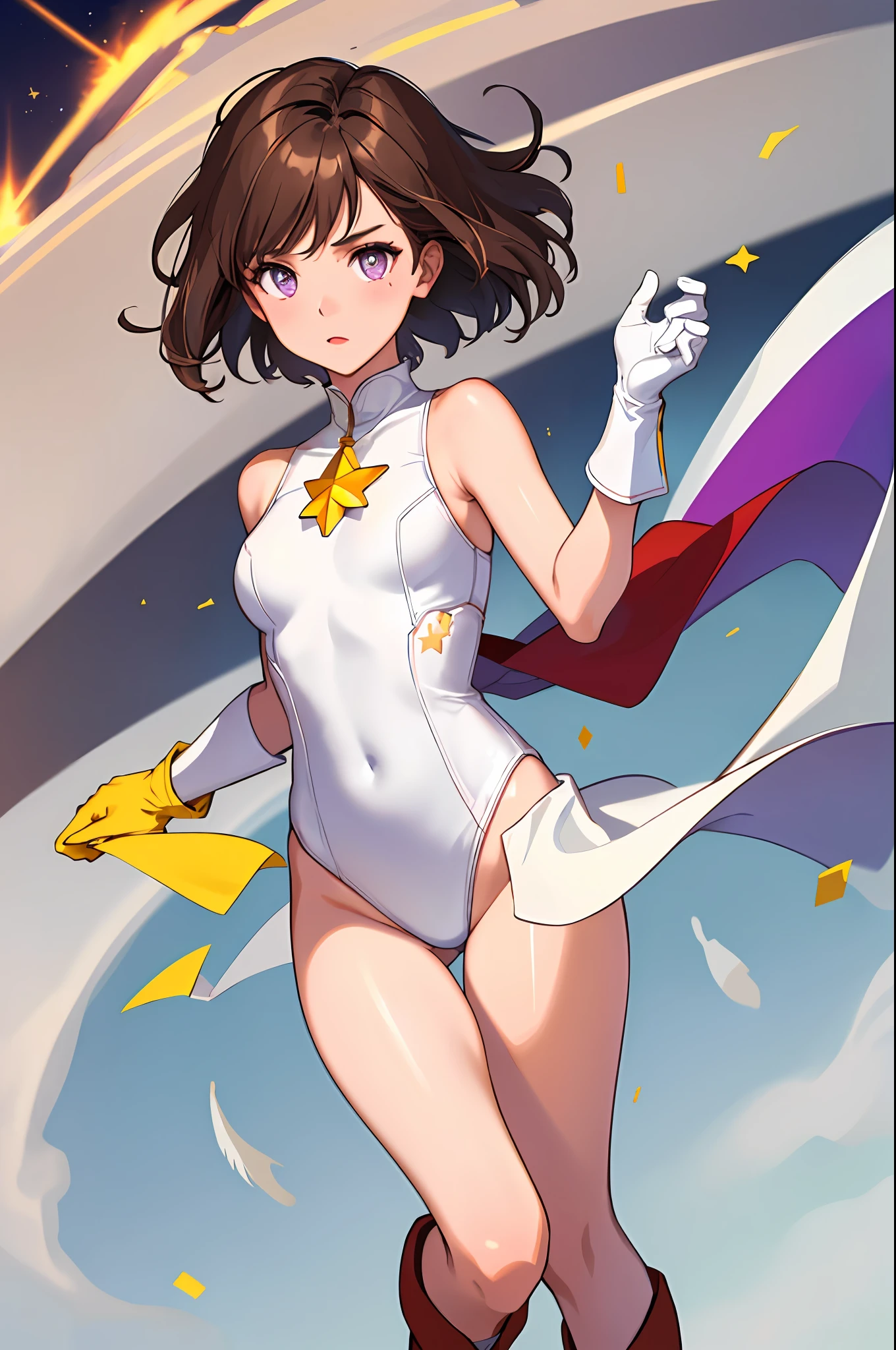 ((masterpiece)). ((best quality)), ((highres)), 1girl, solo, short hair, brown hair, purple eyes, (full body), standing, (sleeveless white and red leotard with yellow accents and star emblem embedded in chest area), (matching white gloves), ((bare legs)), superhero, town backdrop, matching boots, medium breasts, 20 age, spinning around, super speed, wind particles, dust particles, tornado particles, wind swirls,