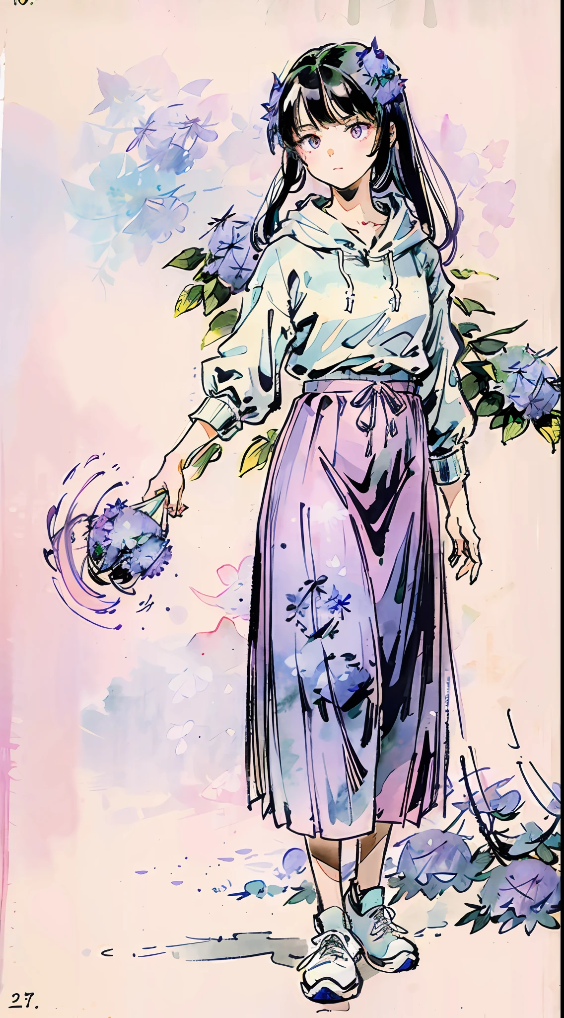 (light blue and light purple:1.2), masterpiece, best quality, absurdres, HDR, blank space, 1girl, full body, (shrubs of hydrangea:1.2), detailed eyes and face, realistic pupils, simple background, pitch black hair, watercolor, ink wash, Gao Jianfu
