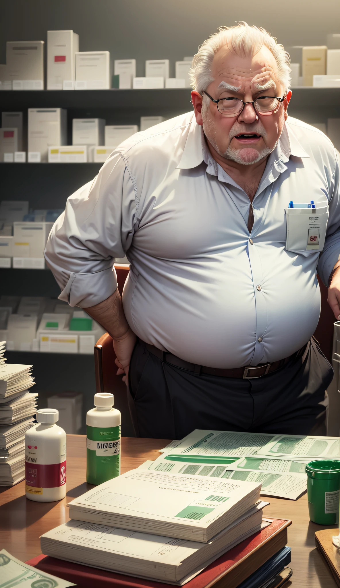 evil fat old white male pharmacist with acne and a rash, and dribbling saliva, with lots of hundred dollar notes, and prescription drugs --auto --s2