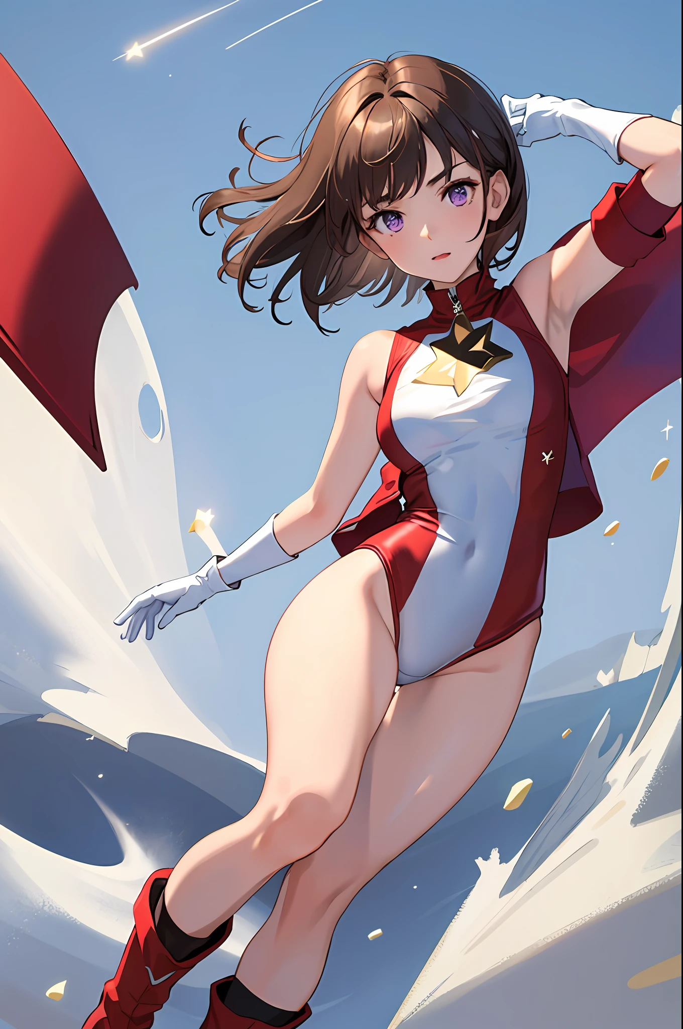 ((masterpiece)). ((best quality)), ((highres)), 1girl, solo, short hair, brown hair, purple eyes, (full body), standing, (sleeveless white and red leotard with yellow accents and star emblem embedded in ????? area), (matching white gloves), ((???? legs)), superhero, town backdrop, matching boots, ??????????????, 20 age, spinning around, super speed, wind particles, dust particles, tornado particles, wind swirls,