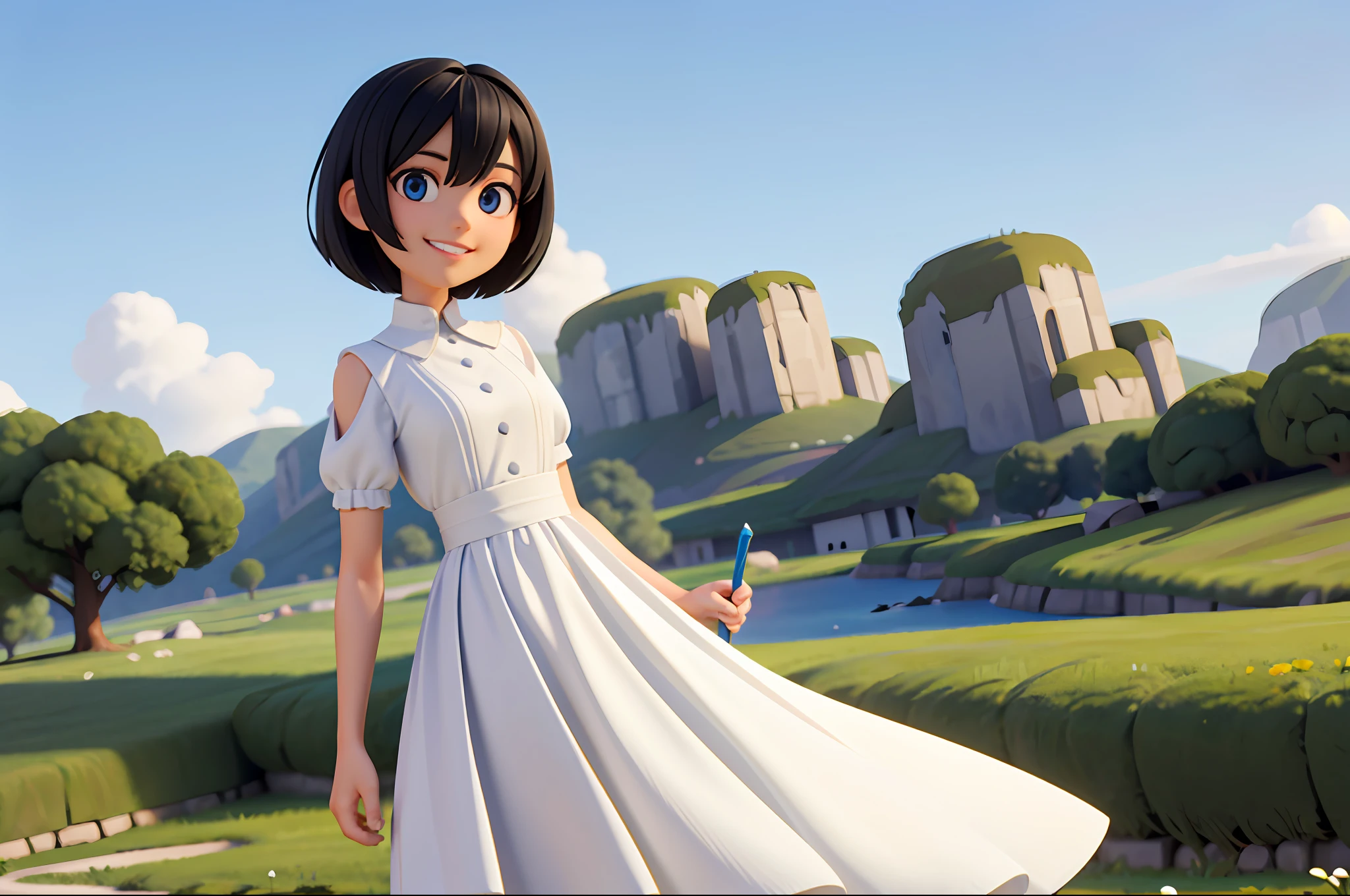 Black hair, short hair, gentle smile with slightly visible teeth, kind eyes, white dress, small blue lines, masterpiece, top quality, 1 woman, landscape