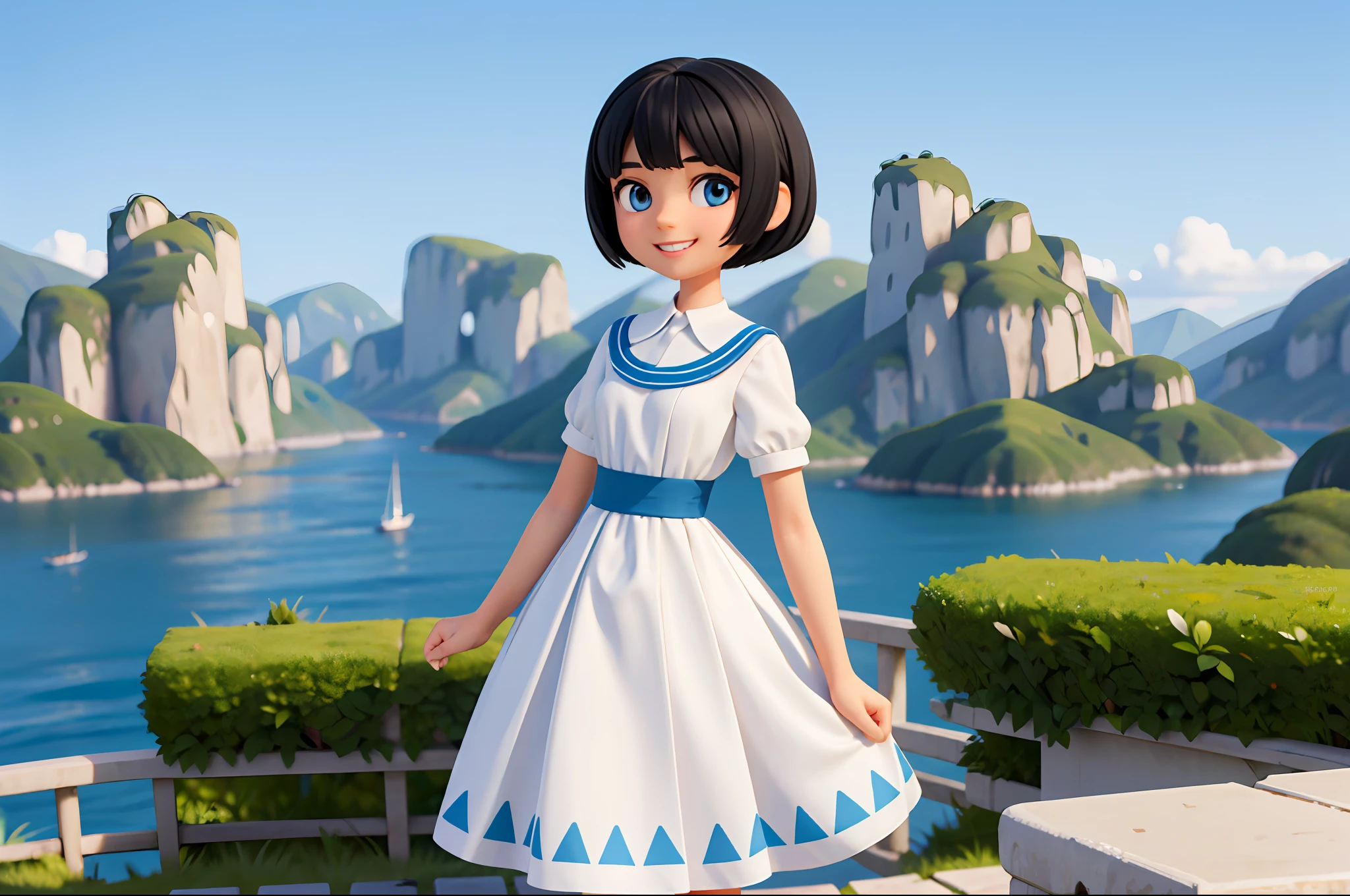 Black hair, short hair, gentle smile with slightly visible teeth, kind eyes, white dress, small blue lines, masterpiece, top quality, 1 woman, landscape