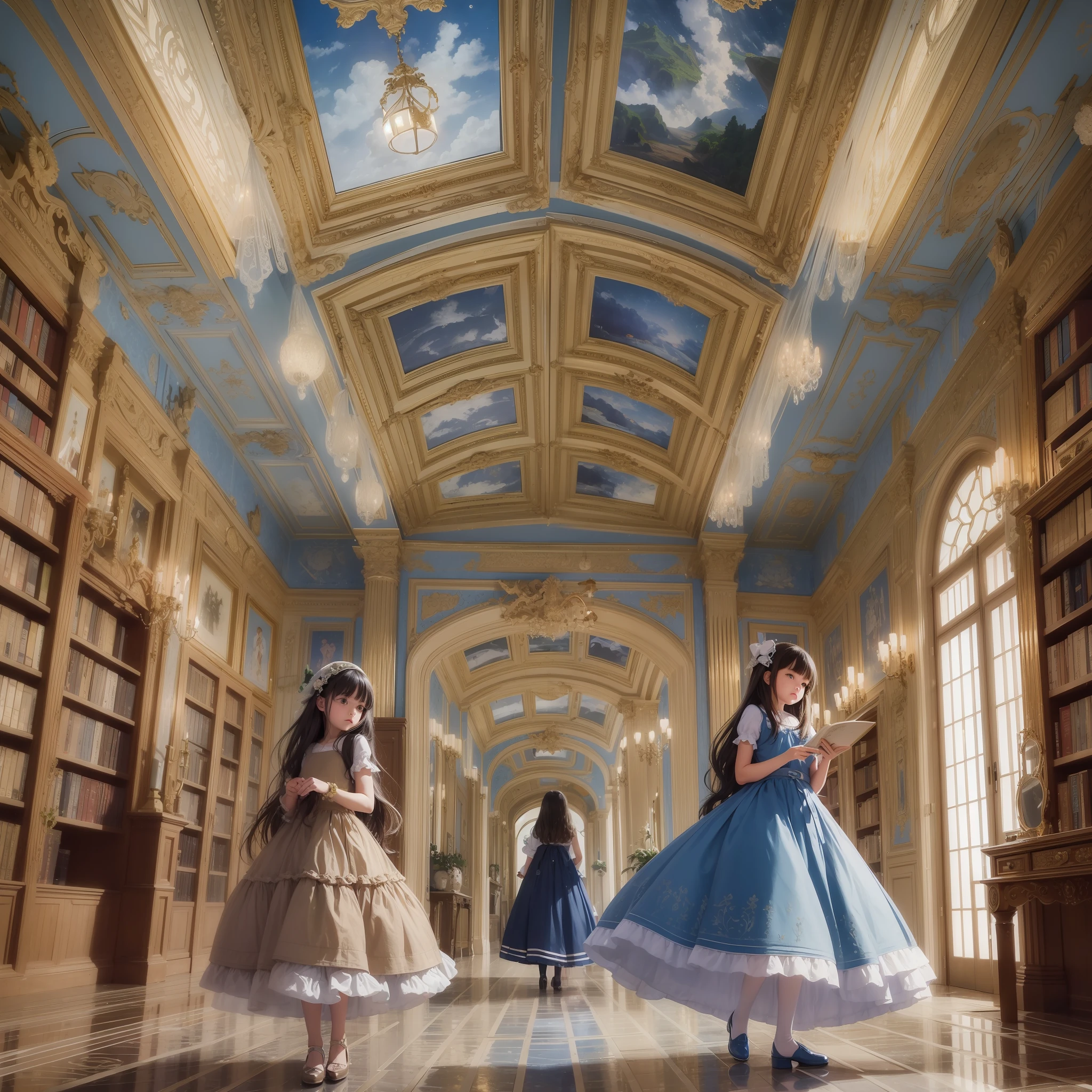 ((best quality)), ((ultra res)), ((realistic)), (intricate details), room of mirrors, , perfect face, western face, italian face, hiding behind the big mirror, small eyes, round eyes, western eyes, long brown hair, curly hair, flying hair, bangs, long dress, blue dress of light fabric, floating dress, maze of mirrors, many open books, bluish luminosity, childish aesthetics, nostalgic, distant point of view, cinematic lights, wide background, diverse angles, diverse expressions, ghibli style scene