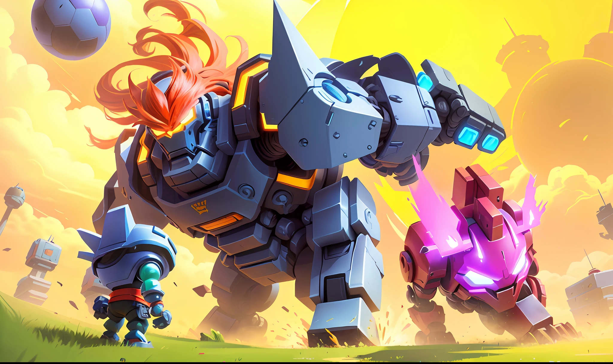 cartoon illustration of a robot attacking a giant robot with a giant ball, epic legends game icon, splash art brawlstars, gigantic, epic boss battle, heavy battle, fantasy boss battle, epic battle screen of hero, mobile game art, epic battle, fighting monsters, avatar image, boss battle, stylized art, huge battle, robots fight, war mechs fighting