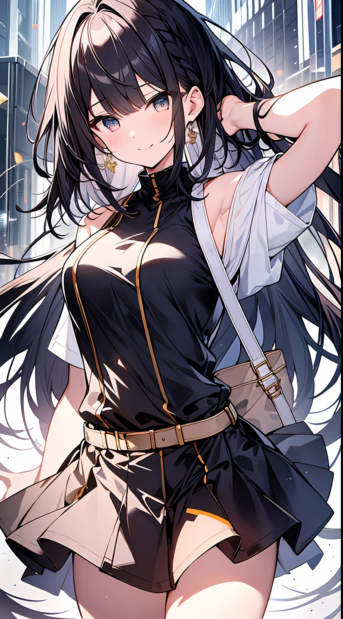 Top quality, masterpiece, high resolution, 8k, pale shades overall, light shirt and light colored skirt and anime style girl, one girl, cute, detailed line art, bright white and bright amber style, frolic, digital enhancement, close-up, anime core, flowing fabric, hair length to shoulders and short braid, beautiful black hair, big smile, full body angle