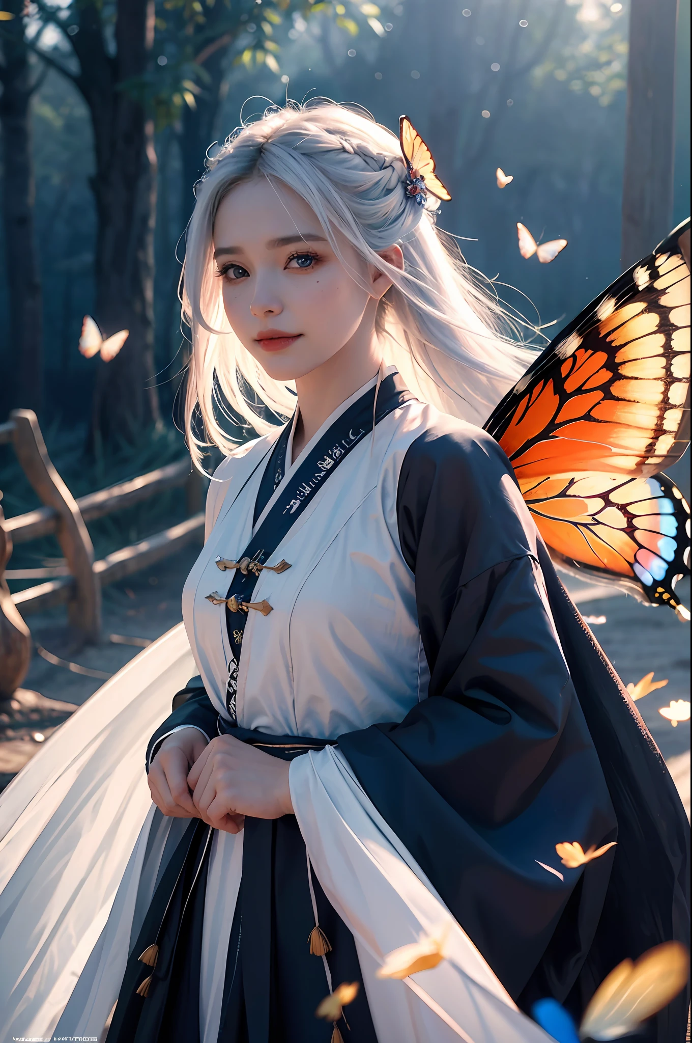 (RAW Photo, Best Quality), (Realistic, Photorealistic True: 1.3), Best Quality, Highly Detailed, Masterpiece, Hyper Detail, Illustration, 1 Girl, Smile, Butterfly Hair Ornament, White Hair, Black Hanfu, Red Gauze, Elder on Back A Pair of Blue Butterfly Wings, Wield a Swords, Butterfly Fairy, upper_body, Dynamic Angle, World Mastery Theater, Flying Long Hair, Fluores cent Red, dynamic Fire inbackground, best quality, extremely detailed CG unified 8k wallpaper, ink, amazing, cinema lighting, lens_flare, wuxia_style