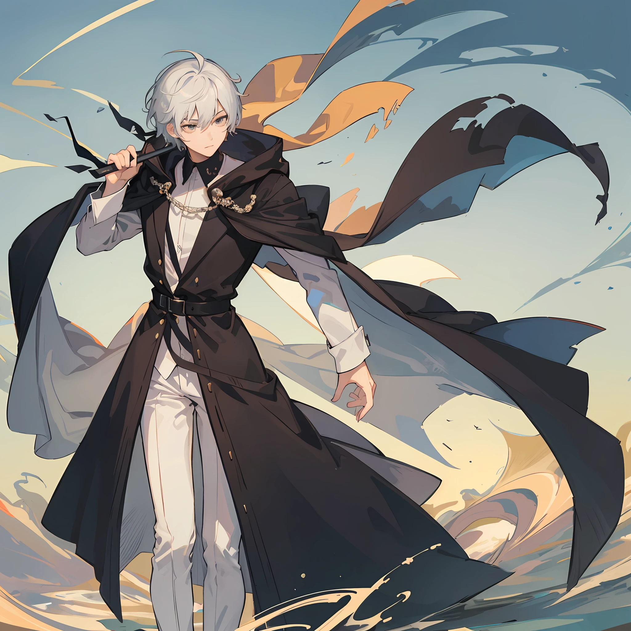 Create an image of a 19-year-old adult man with dignified and charismatic gray short hair. His hair can be styled in a more natural way, perhaps partially tied or gently flowing in the wind. His eyes are black, conveying firmness and wisdom. He wears clothing that portrays a knightly vibe, although he is currently not on duty. The attire he wears is all-black, with a flowing cloak behind him, reflecting elegance and mystery.