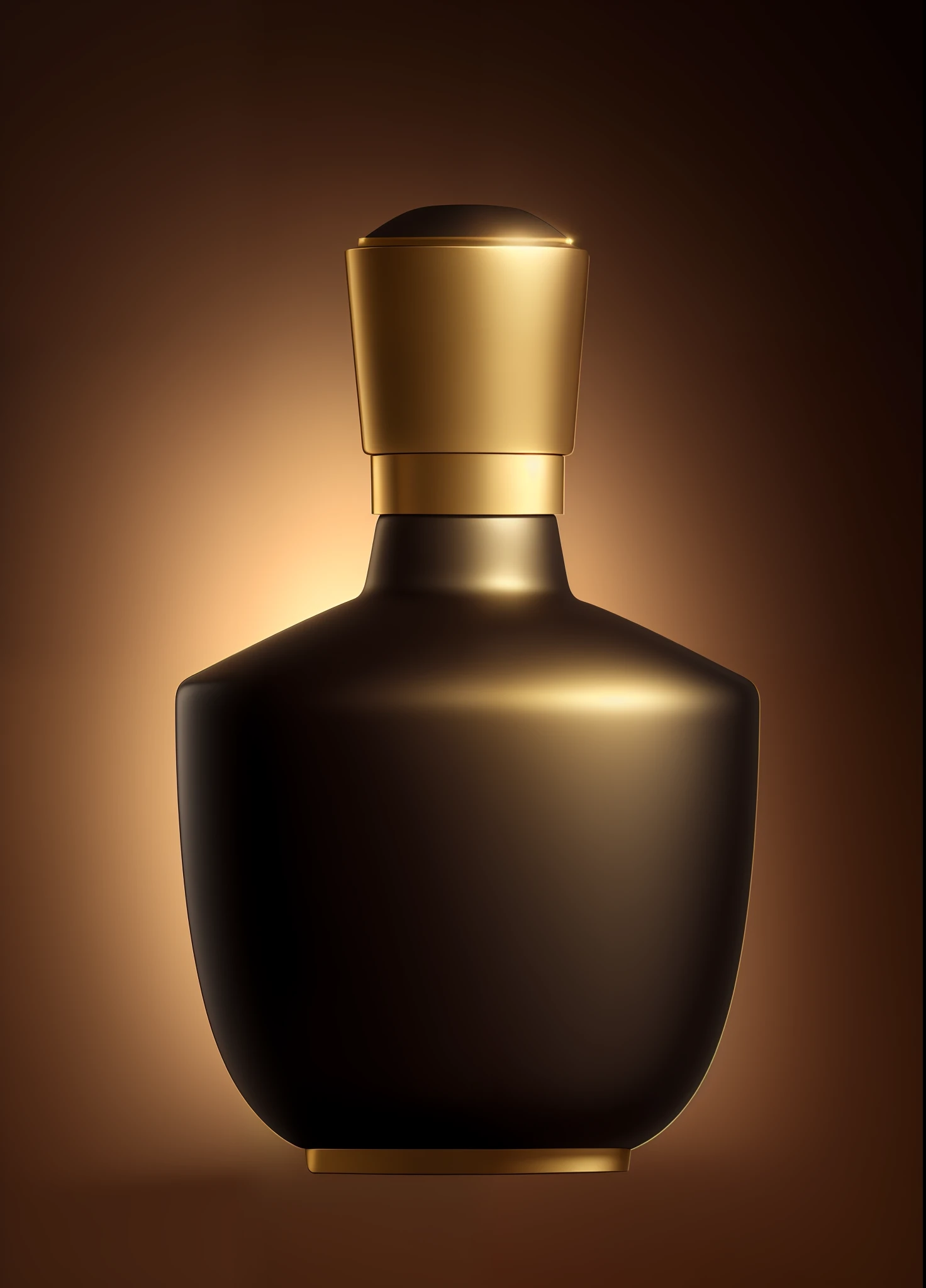 Black bottle body, gold lid, 8K ultra-high definition, intricate details, light reveals delicate texture, three-dimensional rendering, help your creation and design.