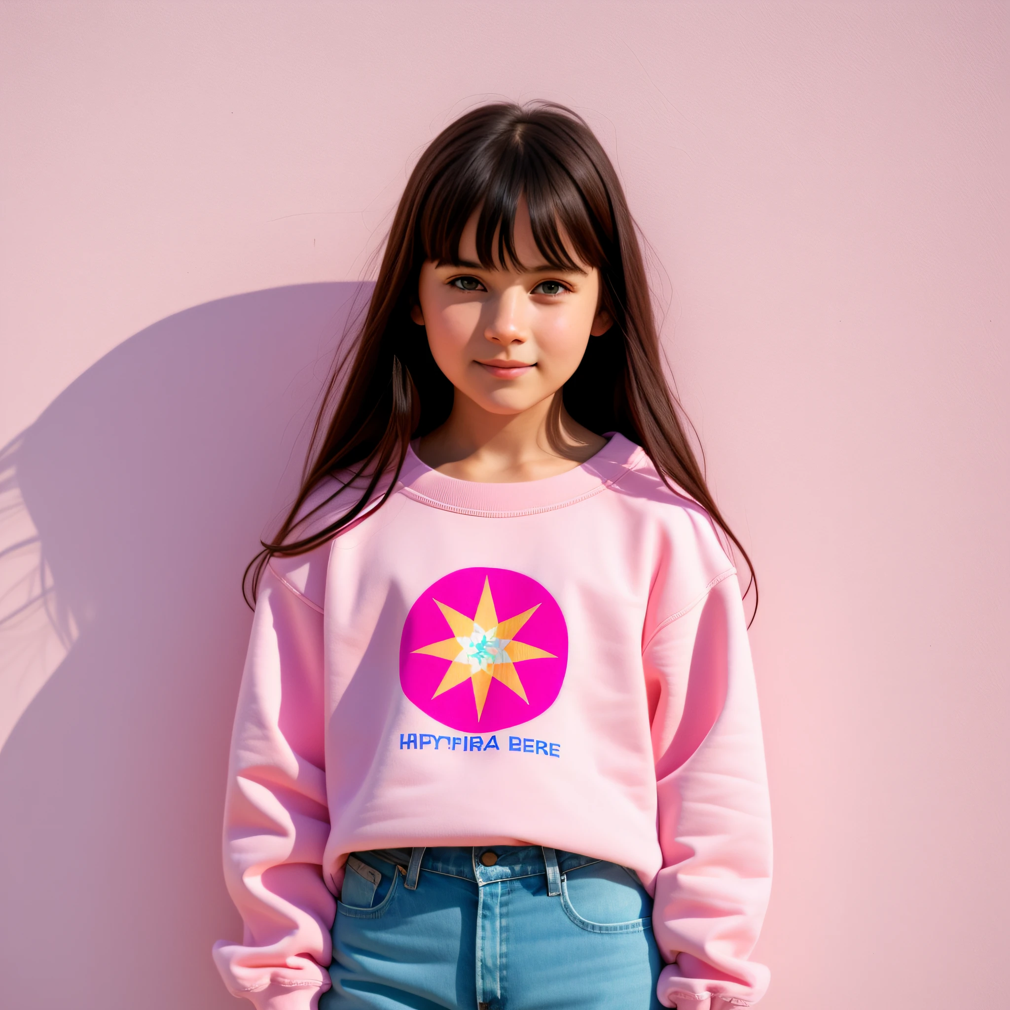 girl, long dark hair, pale pink sweatshirt, full body shot, natural skin texture, hyperrealism, complex background, hyperdetailed, friendly, cheerful atmosphere
