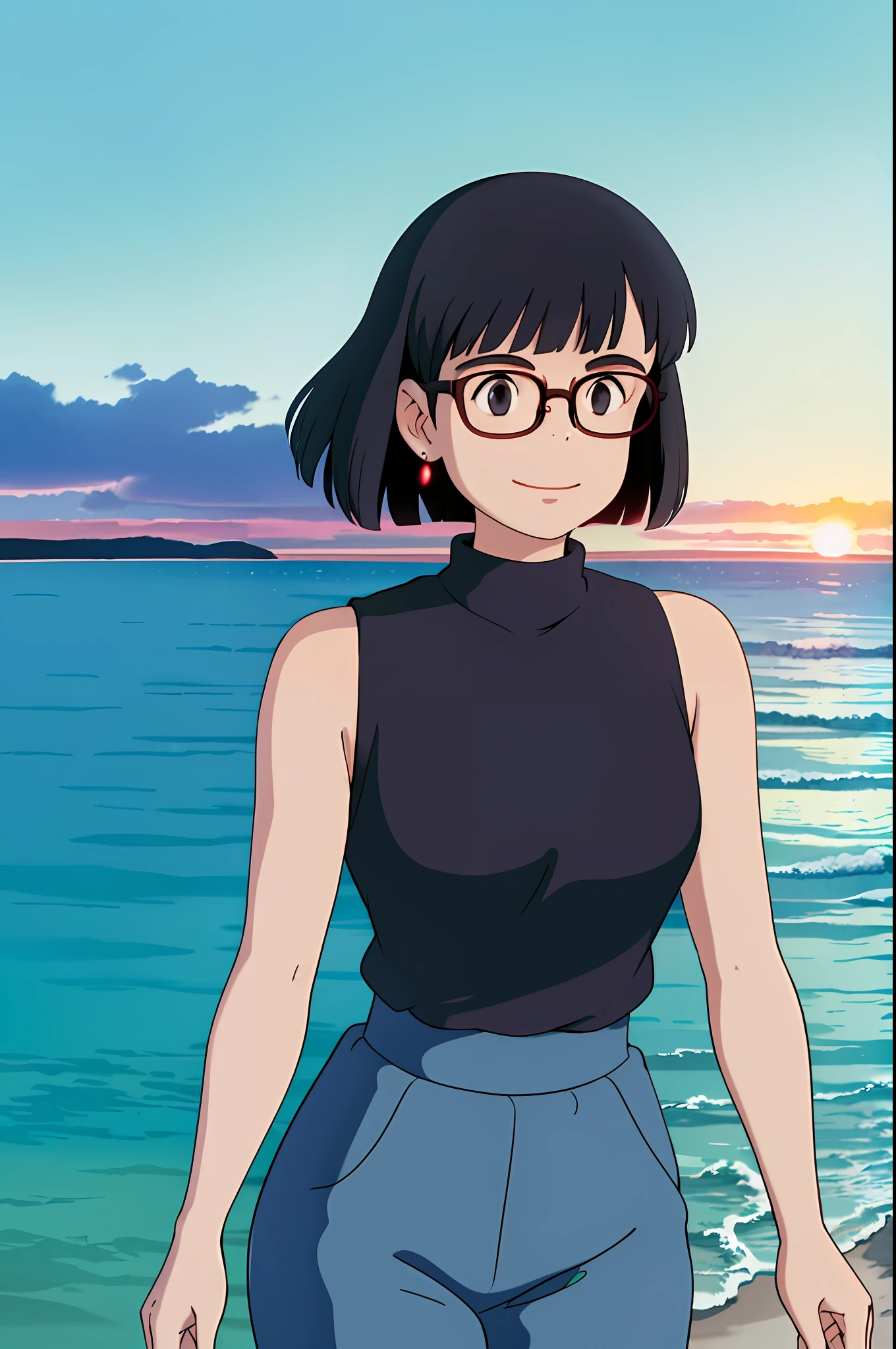 ghibli style, 1girl, bangs, black hair, breasts, earrings, flowing hair, white sand beach, sunset, sun below the horizon, evening, no sun in sight, gray eyes, jewelry, looks at the viewer, medium chest, sea, beach, outdoor, parted bangs, bob hairstyle, shirt, short hair, sleeveless, sleeveless shirt, solo, upper body, red shirt, tie, black tie,  tie to the chest, cropped to the chest, glasses, tortoiseshell-rimmed glasses, transparent glasses, smiling, ((masterpiece))