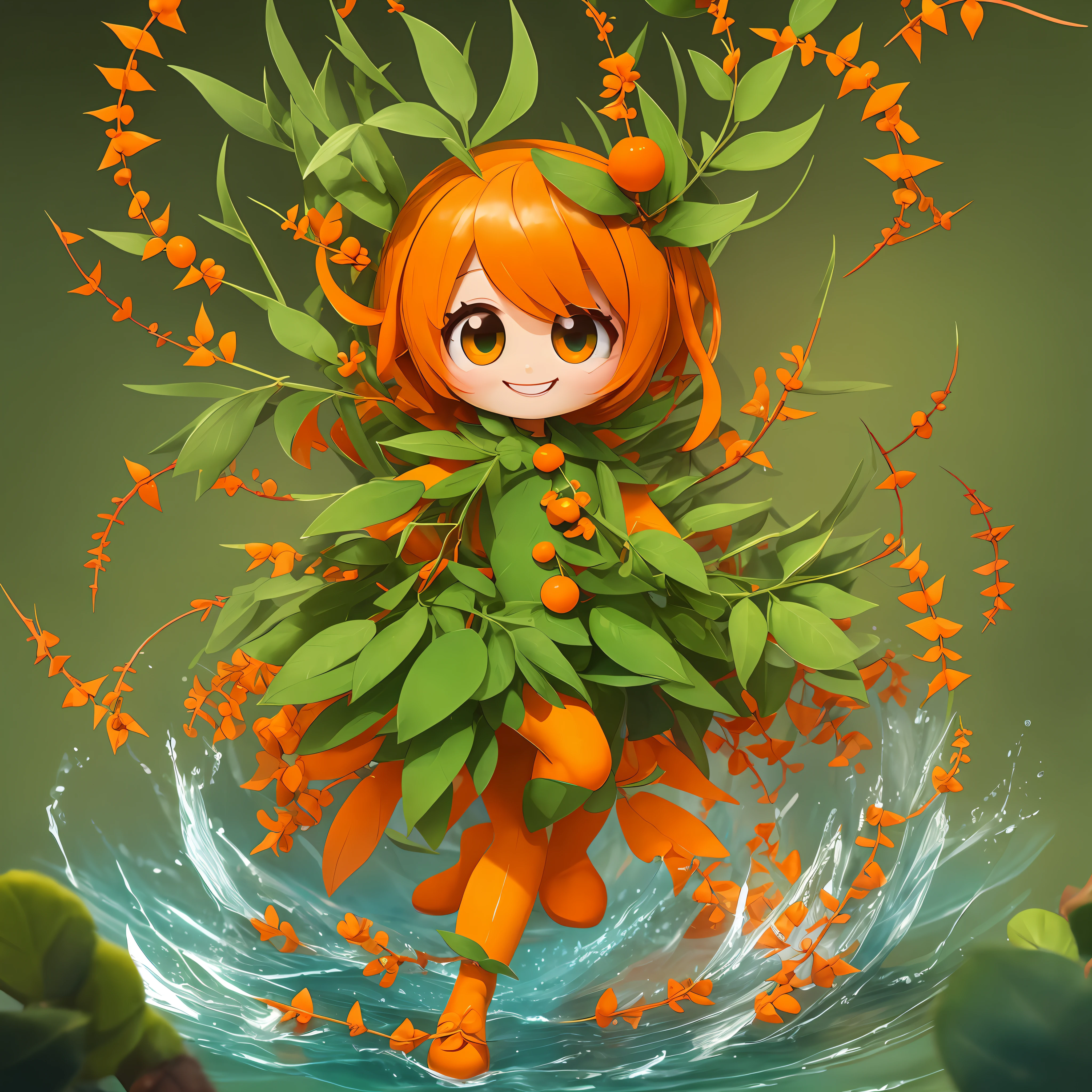 The cartoon Sea Buckthorn character is cute and lively, with an orange body, big eyes, and a smile. It has thorns, circular hands and feet, and is brightly colored in orange and green. --auto --s2