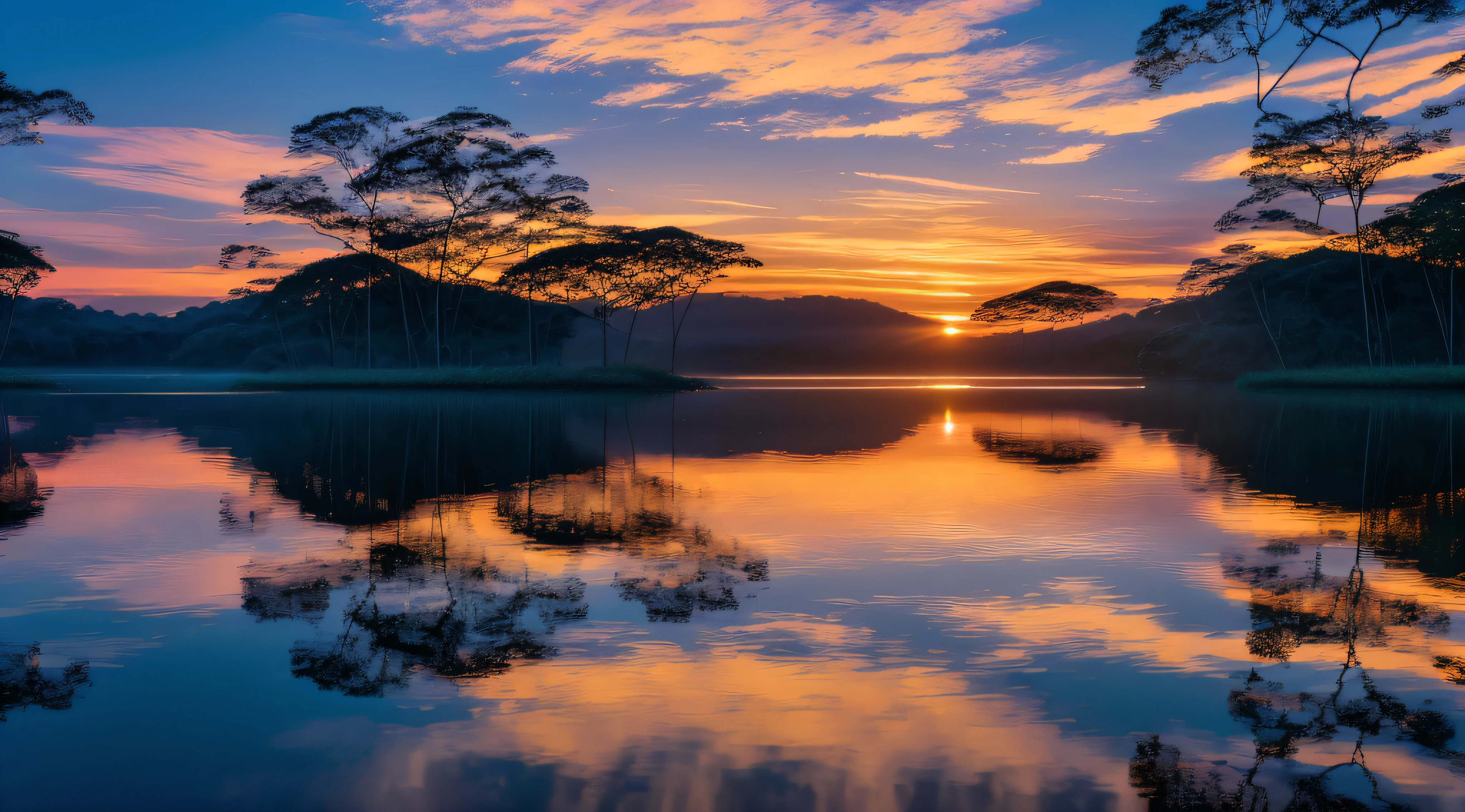Beautiful sunset, Amazon rainforest in Brazil, clear and deep lake with very tall trees reflected in its waters, birds flying in flocks enjoying the last light of the sun, blue sky, with few clouds, beautiful, wonderful sunset, cinematic 8k, hyperreality blue and green reflections in various shades, trees touching the edge of the lake, diffused (ultra-thin glass reflection) and realism