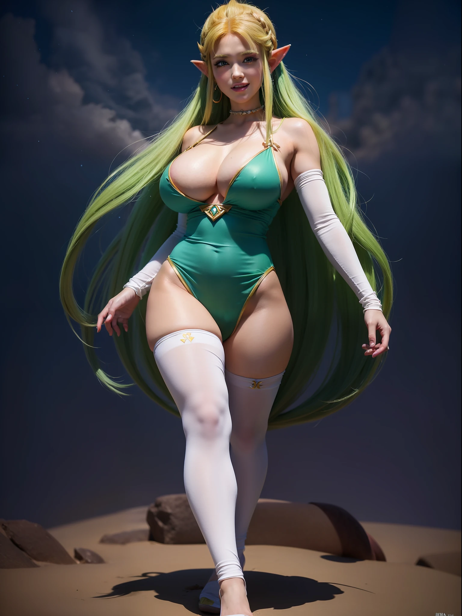 (full body photo of Princess Zelda as son Goku Super Saiyan 3:1.5), (alone, large breasts:2), (wearing Vegeta's costumes/extremely tight on body, perfect body:1.5), she is inside a temple with gravity fed 1000 times, she has (blue eyes, green hair:1.5), (is smiling, looking at the viewer. exhibitionist pose:1.5), anime style, 16k, best quality, high details, textured skin, UHD, retina, masterpiece, anatomically correct