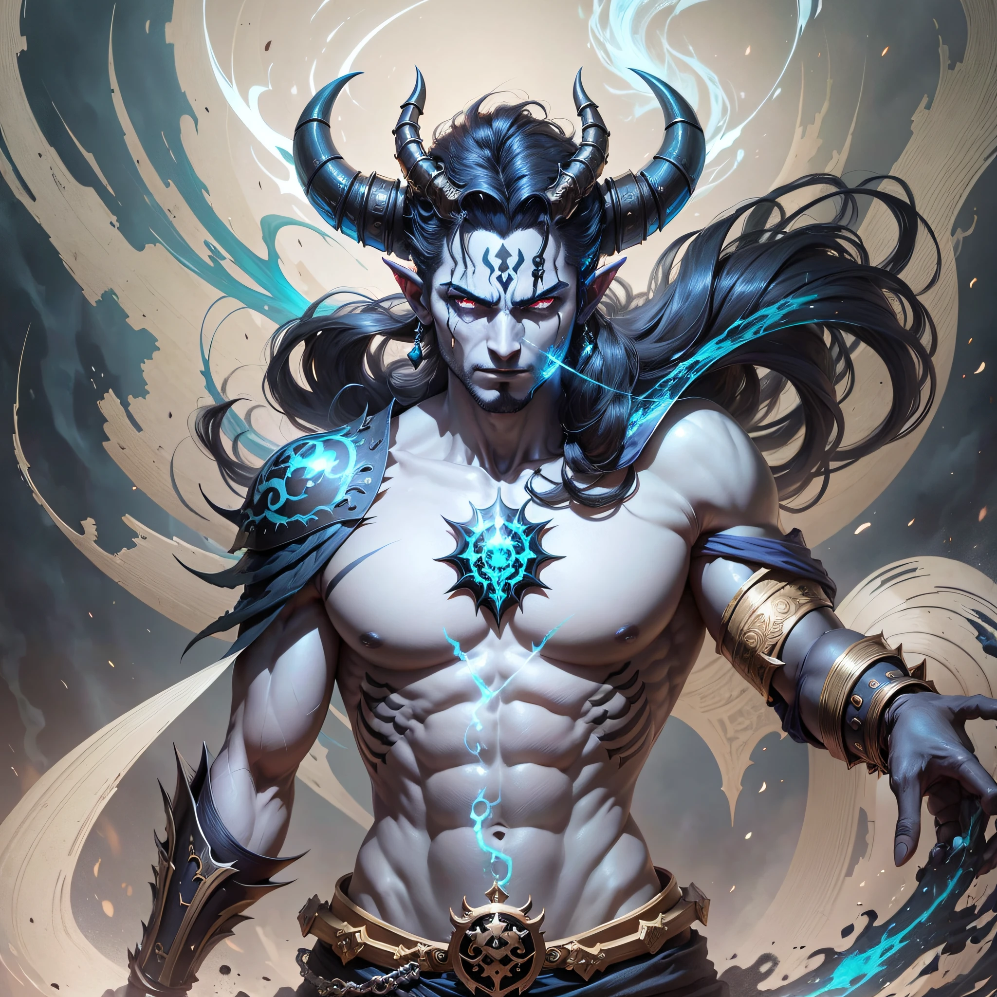 a close up of a person with a sword and a demon, the god hades, beautiful male god of death, djinn man male demon, hades, by Ryan Yee, fit male demon with white horns, in the art style of mohrbacher, asura from chinese myth, mohrbacher, onmyoji detailed art, full portrait of elementalist --auto --s2