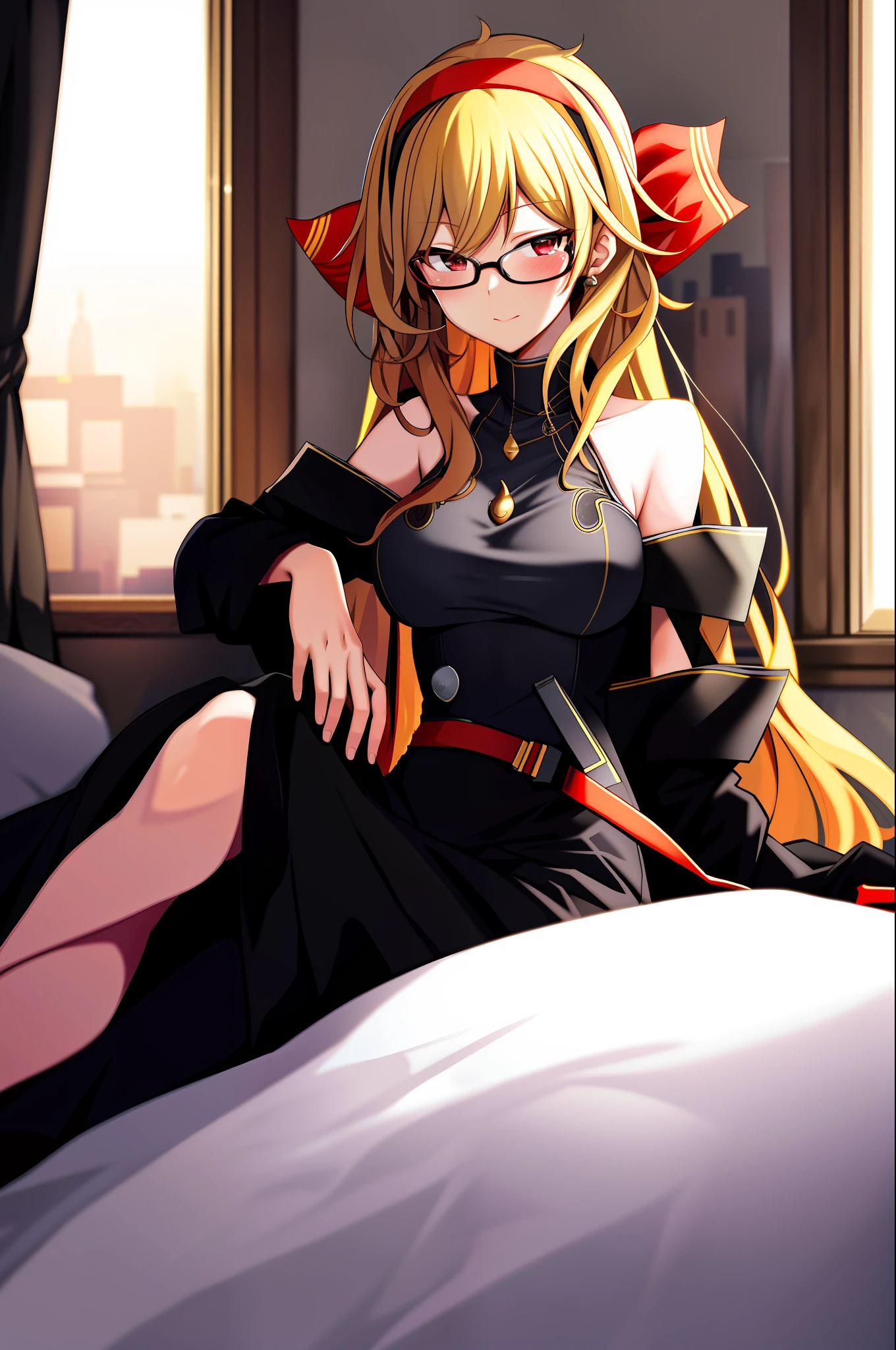 2d, masterpiece, best quality, anime, highly detailed face, highly detailed eyes, highly detailed background, perfect lighting, 1girl, solo, kaela kovalskia, eyewear on head, red hairband, large breasts, blush, sexy pose, night dress, black dress, sitting, bed, bedroom, window,