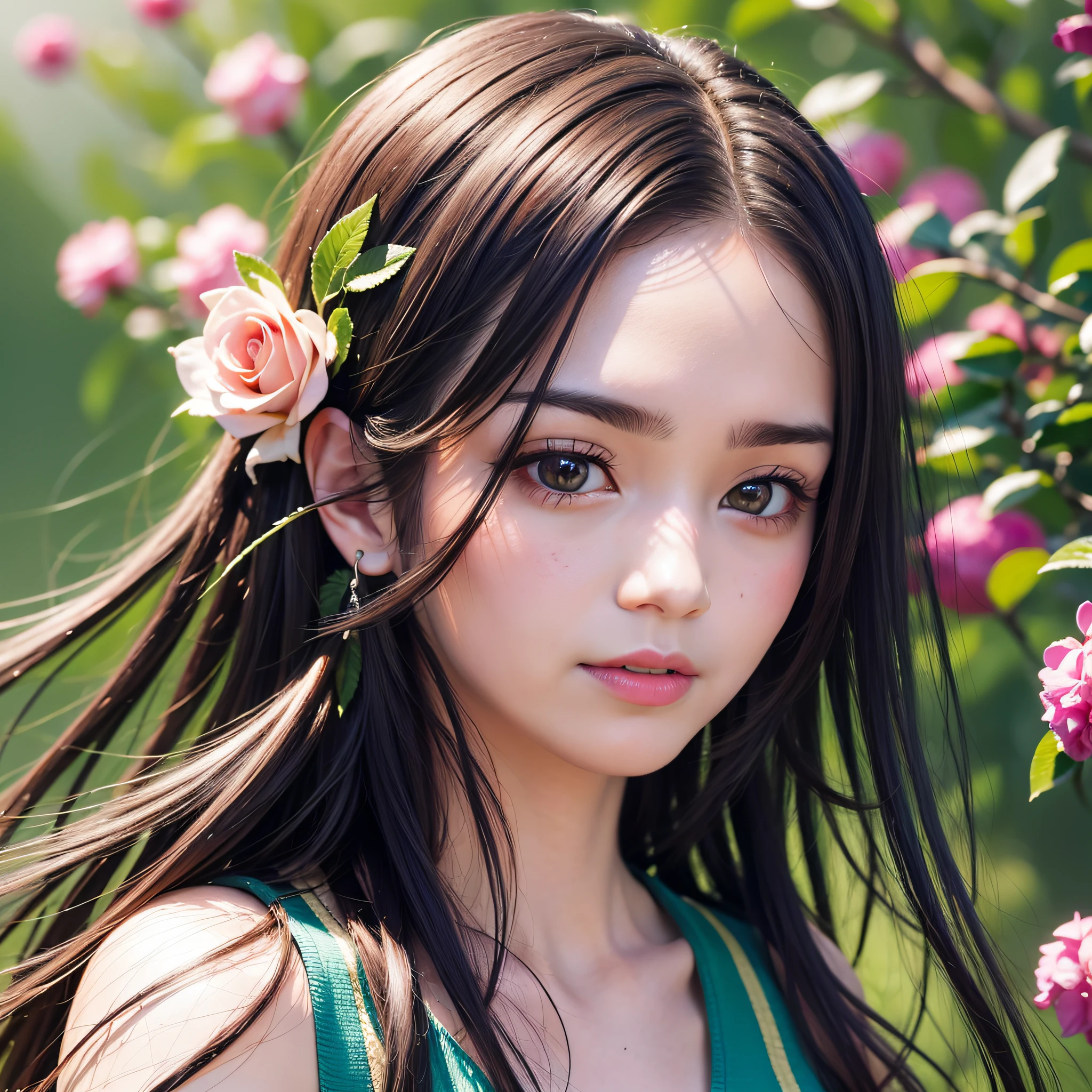 Beautiful Japan woman, nice perfect face with soft skin, small face with nose and rose-like lips, beautiful eyes, beautiful smile. Black thin long beautiful hair bathed in a vivid etheric glow, facing front in the center, extreme close-up shot, navy short top with wide apple green pants, bright colorful background, photorealistic, masterpiece, highest quality, super detail, HDR, 8K