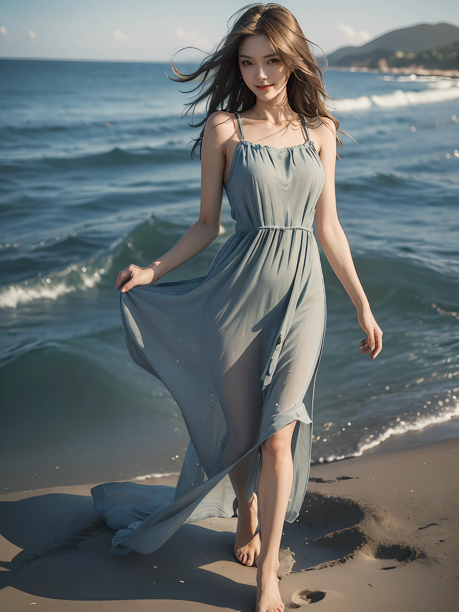 Best quality,masterpiece, ultra high res, (photorealistic:1.4), raw photo,(slender legs),(beautiful hands),1girl,solo,standing,((maxi dress:1.5)),in the dark, deep shadow,(jimmy choo), (floating colorful wind:1) ,(full body),Perfect eyes, perfect face, Beach, sea, smile,low key, Slim figure, ((golden ratio figure)), ((perfect long legs))