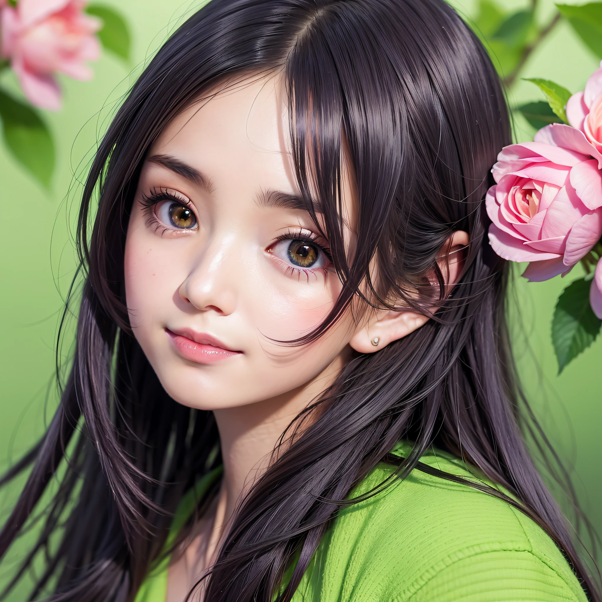 Beautiful Japan woman, nice perfect face with soft skin, small face with nose and rose-like lips, beautiful eyes, beautiful smile. Black thin long beautiful hair bathed in a vivid etheric glow, facing front in the center, extreme close-up shot, navy short top with wide apple green pants, bright colorful background, photorealistic, masterpiece, highest quality, super detail, HDR, 8K