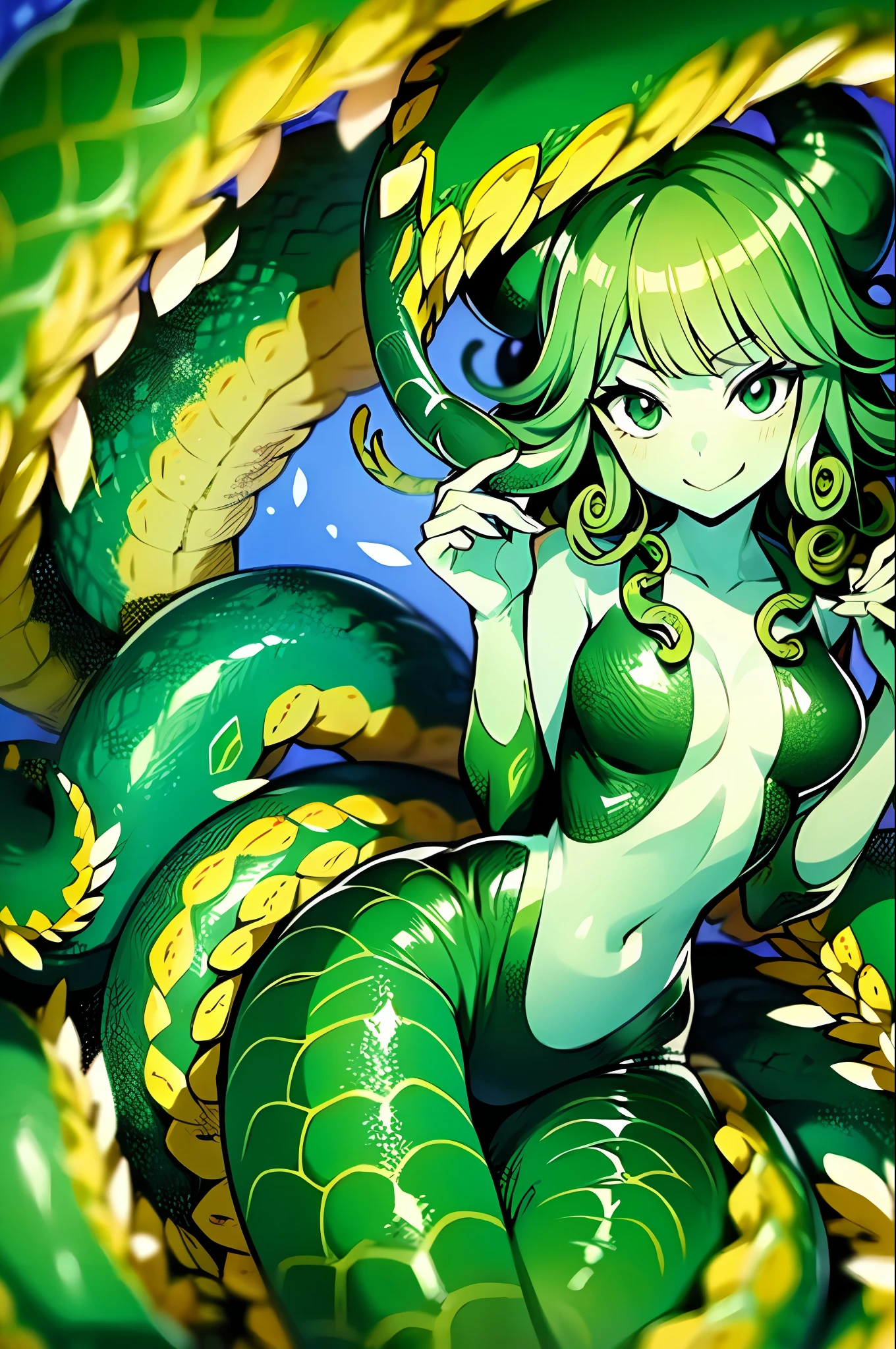 Cartoon picture of woman in green dress and green tail, anime monster girl, lamia, hot reptile, humanoid woman, tatsumaki with green curly hair, tentacle beast, polychaete, monster girl, snake pose, tentacle monster, small details. anime. Tentacles
