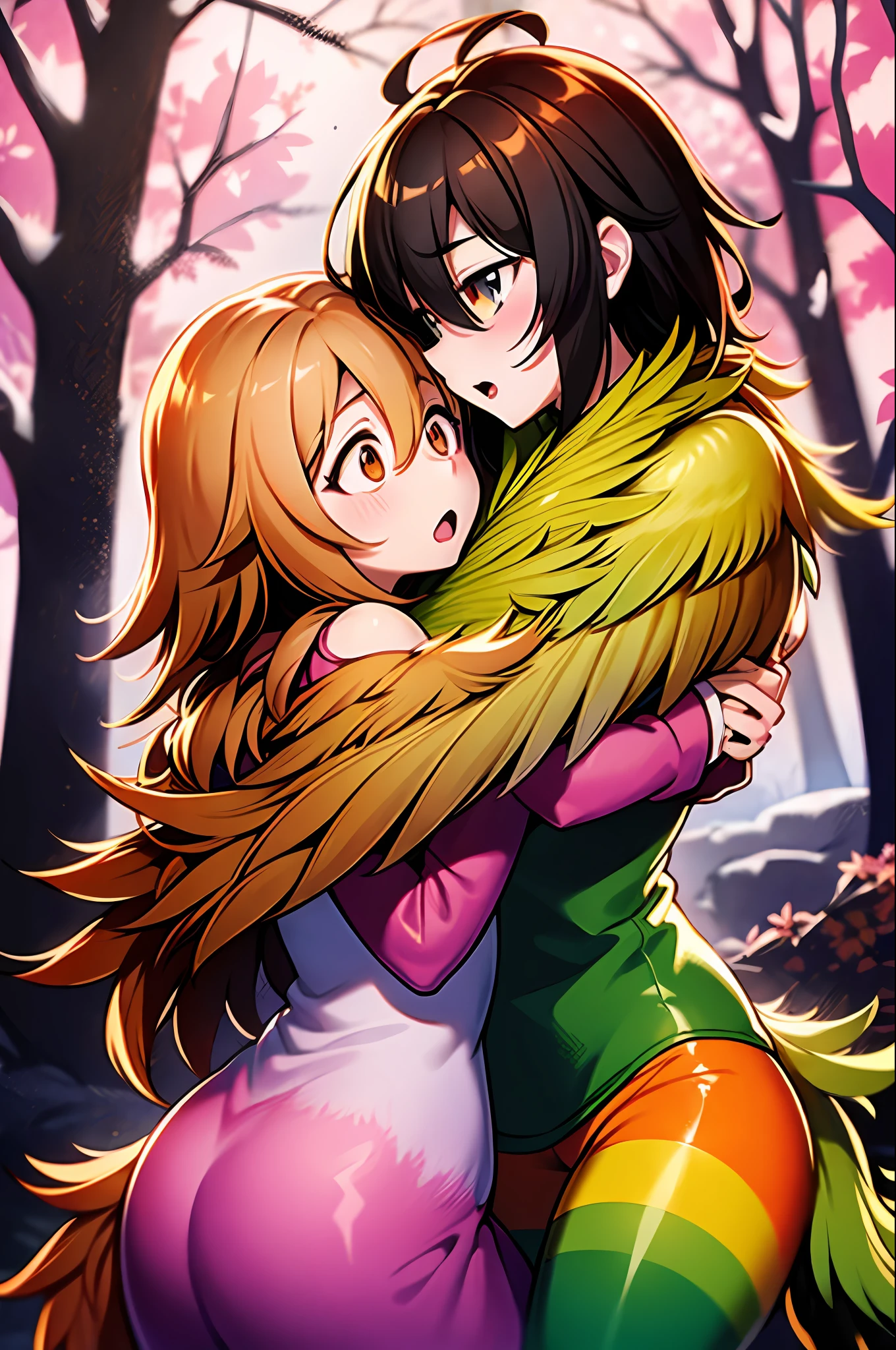 a couple of anime characters hugging each other, conceptual art, young harpies, orange and light brown wings, red hair, brown hair, surprised look, in a pink forest, cute, rich colors, beautiful shader, 4k
