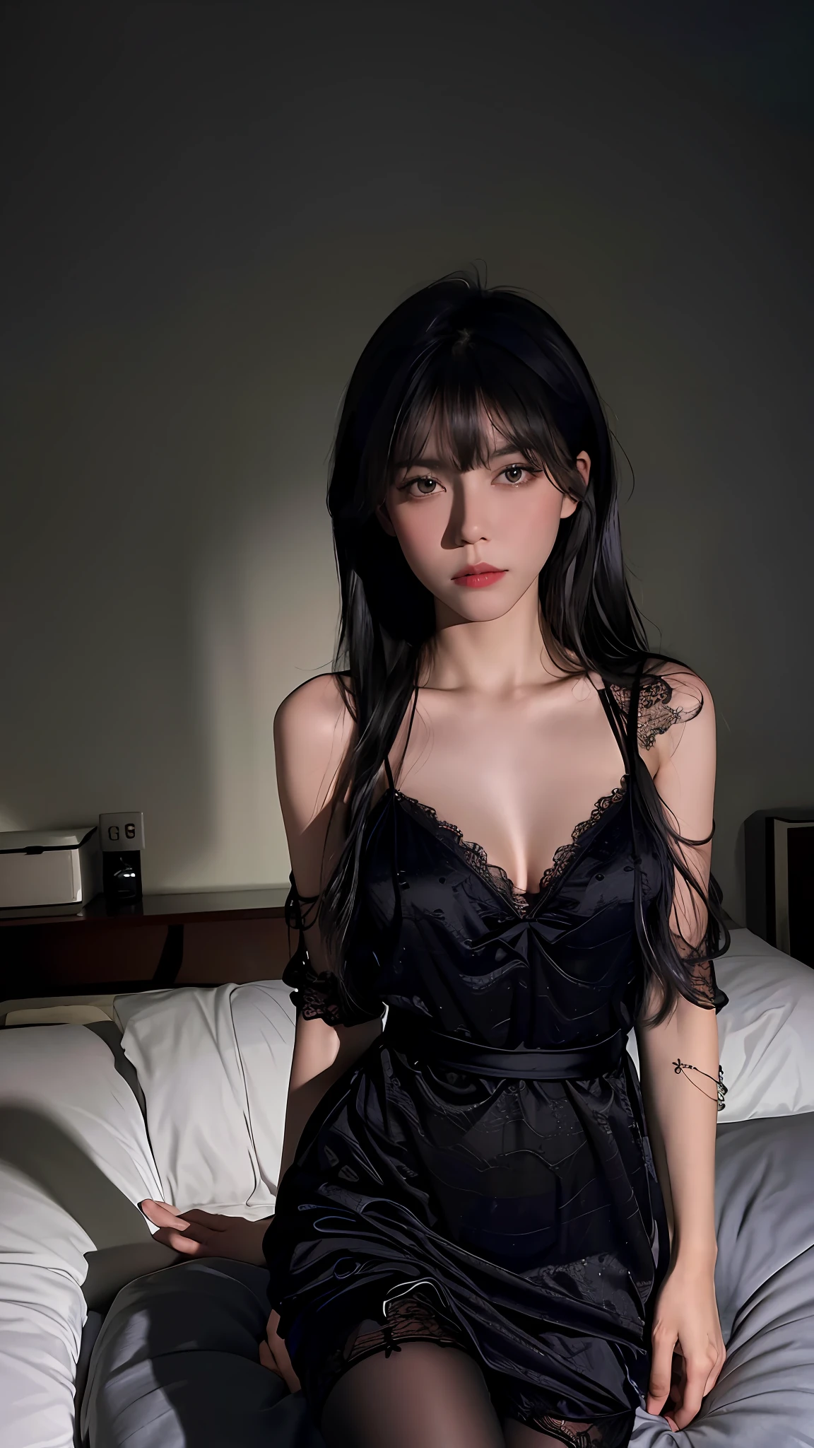 Best quality, masterpiece, ultra high res, (photorealistic:1.4), raw photo, 1girl, ((black lace nightgown)), ((small breast)), cold light