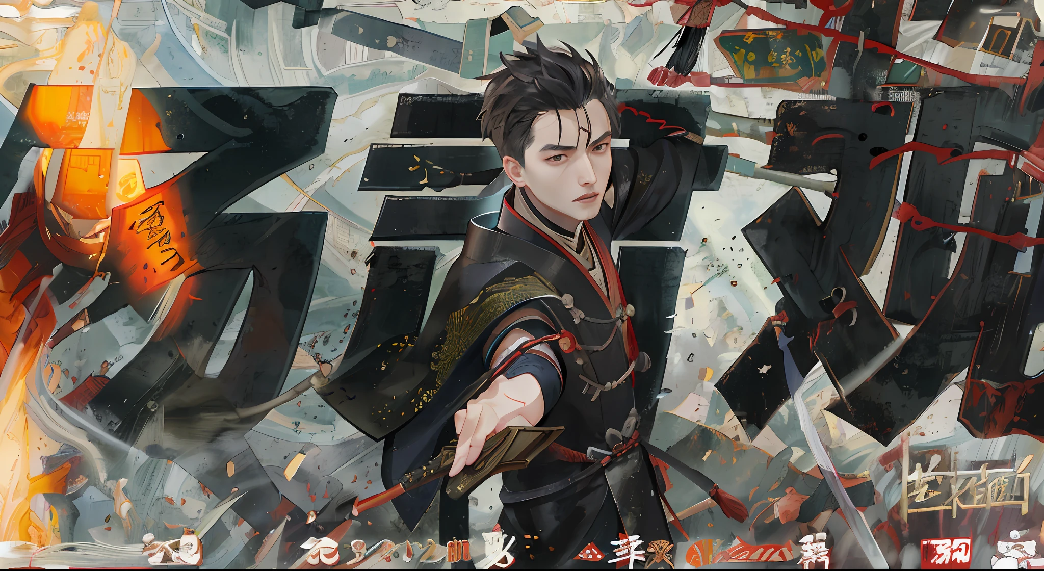 there is a man in a black robe holding a sword, character poster, 4 k post, 4k post, movie promotional image, inspired by Fan Kuan, ruan jia movie poster, poster, kanliu666, xianxia hero, inspired by Gu An, inspired by Zhang Han, inspired by Guan Daosheng, movie poster character