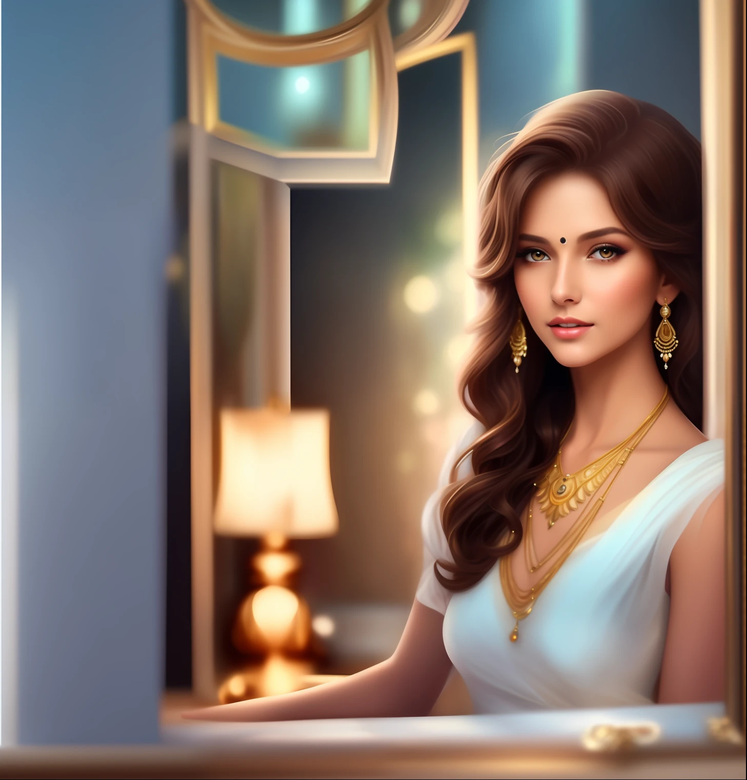 a woman with long hair wearing a white dress and gold jewelry, elegant digital painting, digital art of an elegant, 8k high quality detailed art, painting of beautiful, beautiful character painting, gorgeous digital painting, beautiful goddess, beautiful digital artwork, gorgeous digital art, beautiful digital painting, beautiful digital illustration, portrait of a beautiful goddess, gorgeous woman, detailed beautiful portrait