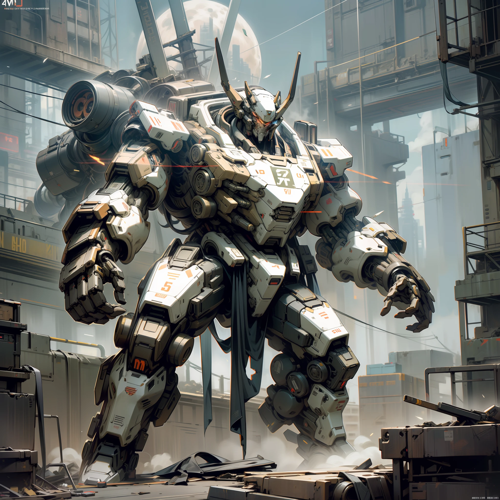 Cyberpunk, best quality, masterpiece, bison mecha, unmanned, full body, bull head, mechanical marvel, strong, moon, ruined city, highest quality digital art, stunning art, wallpaper 4k, highly detailed, military robot, army, war zone, dynamic lighting, movie, epic, damaged mechanical parts --auto --s2