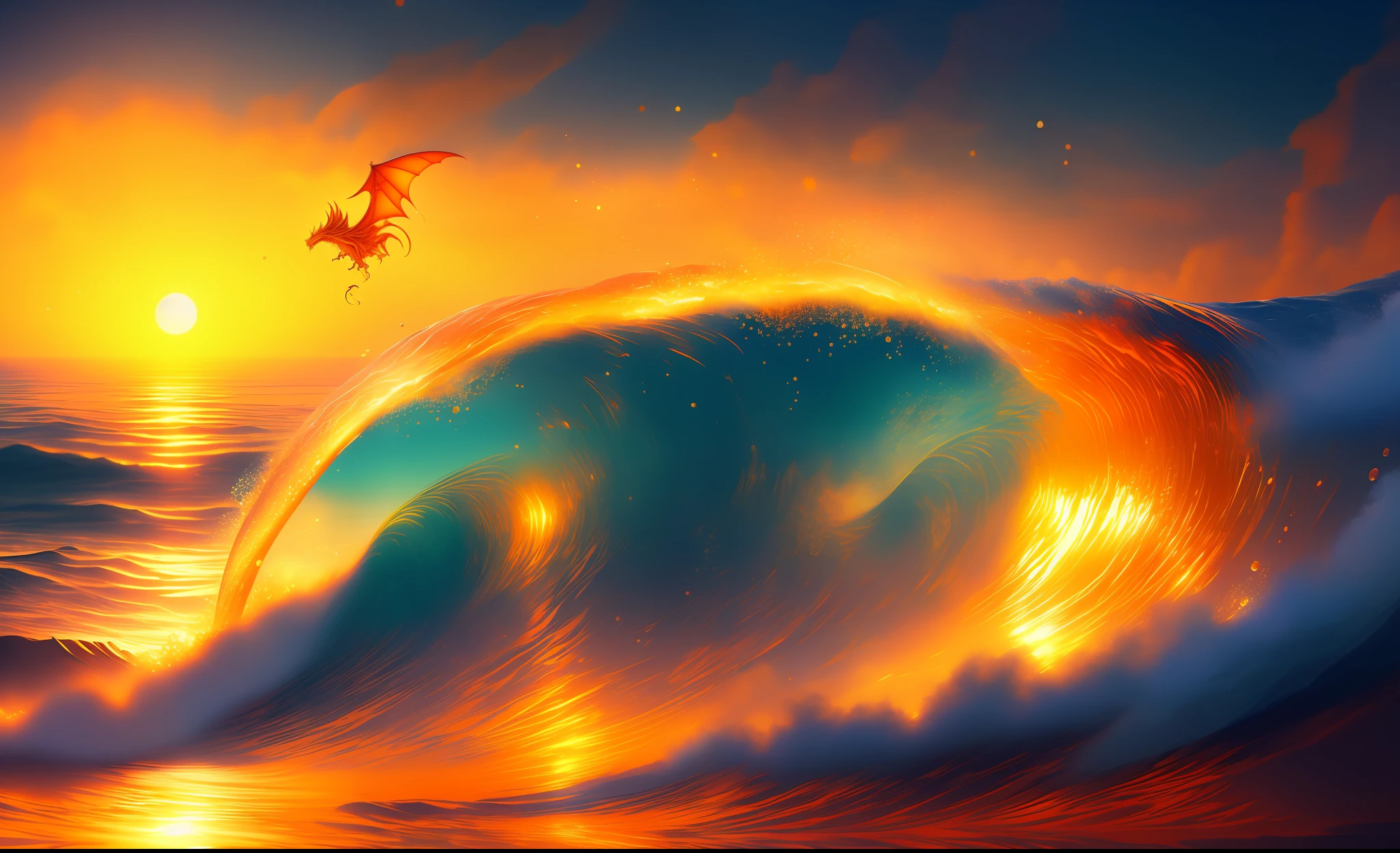 Masterpiece, best quality, (8k wallpaper of very detailed CG unit) (best quality), (best illustration), (best shadows) a golden sea wave, bright orange aol sunset through the wave, golden droplets flying, (:1.6) A realistic dragon flying above the waves