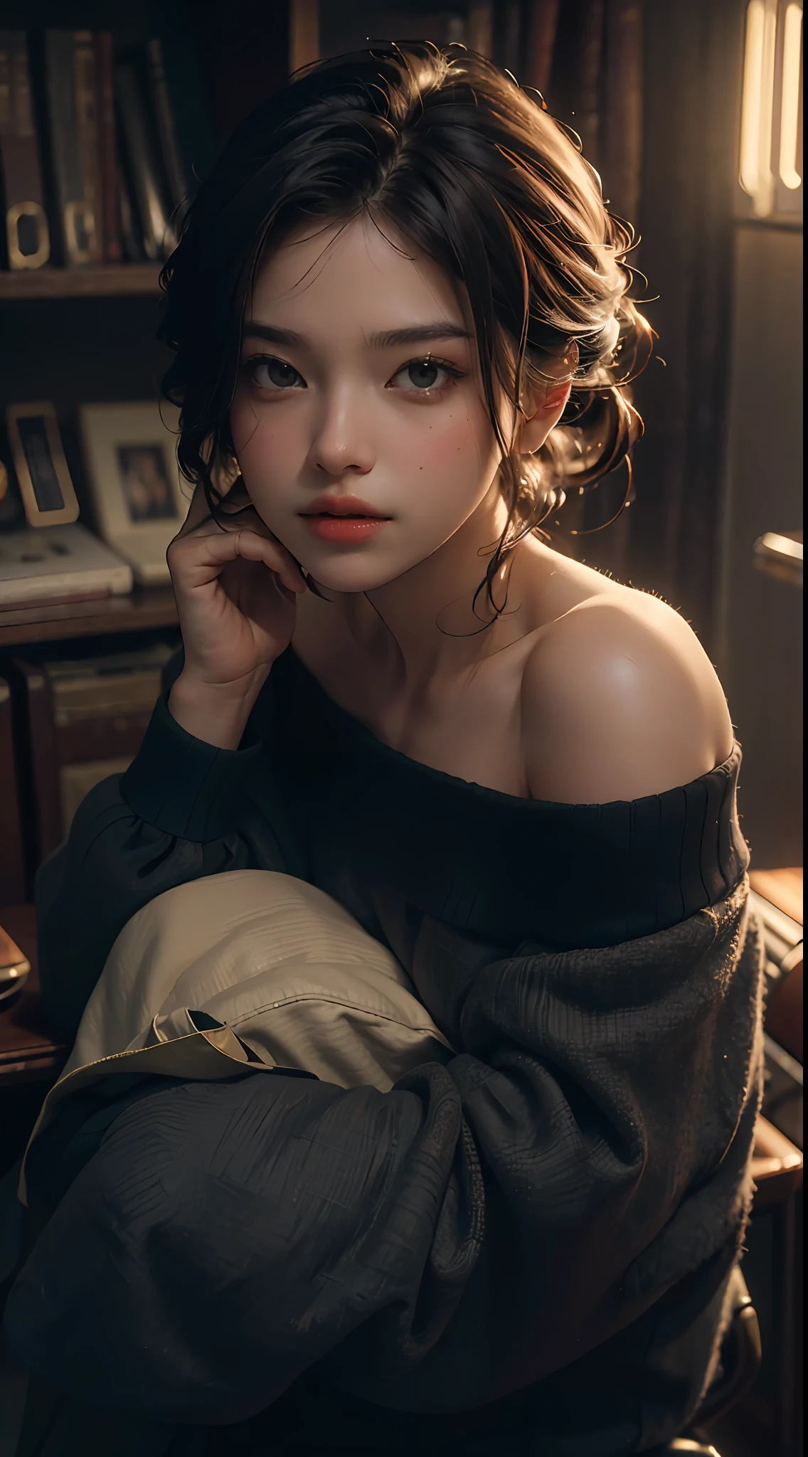 Best quality, masterpiece, ultra high res, (photorealistic:1.4), raw photo, 1girl, off shoulder, cinematic lighting