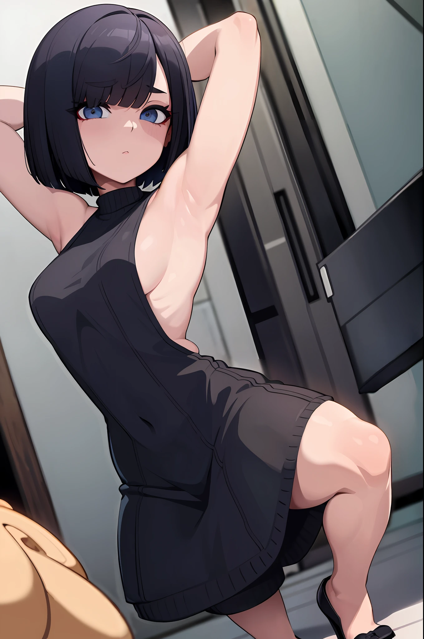 beautiful, (masterpiece:1.2), (best quality:1.2), perfect eyes, perfect face, perfect lighting, 1girl, black hair, bob cut, hair covering one eye, grey sleeveless sweater, look at the viewer, (wide angle:0.8)
,squatting,arms up,