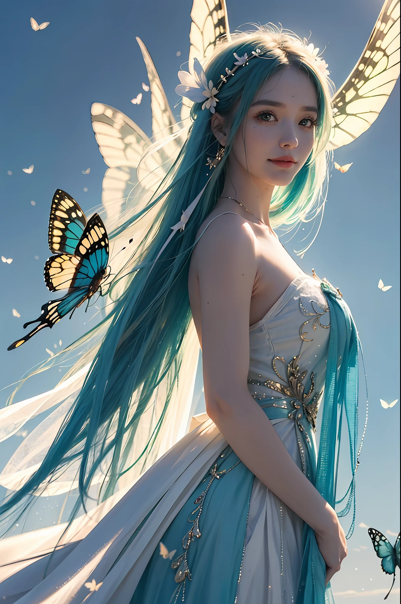 (RAW Photo, Best Quality), (Realistic, Photo Real: 1.3), Best Quality, Highly Detailed, Masterpiece, Hyper Detail, Illustration, 1 Girl, Smile, Butterfly Hair Ornament, Green Hair, White Hanfu, White Gauze, Elder on the Back A Pair of Blue Butterfly Wings, Wield a Swords, Butterfly Fairy, upper_body, Dynamic Angle, World Mastery Theater, Flying Long Hair, Fluores cent Red, dynamic Fire inbackground, best quality, extremely detailed CG unified 8k wallpaper, ink, amazing, cinema lighting, lens_flare, wuxia_style