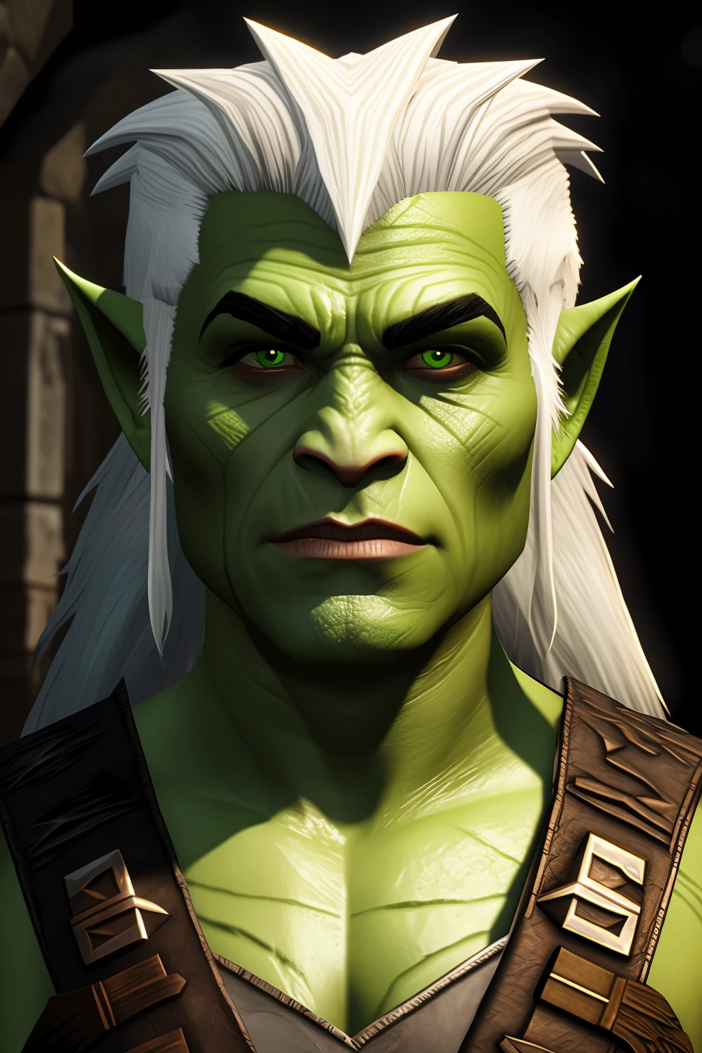 Half orc femia with white hair and green skin