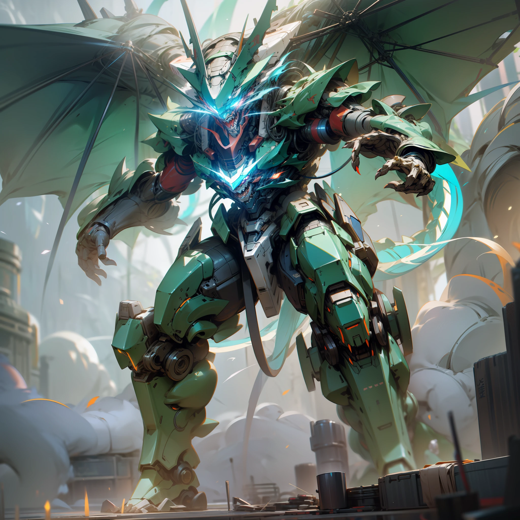 Chinese dragon, mecha dragon, dragon-type mecha, blue-glowing mechanical eyes, photographed by Greg Rutkowski, soft lighting,
