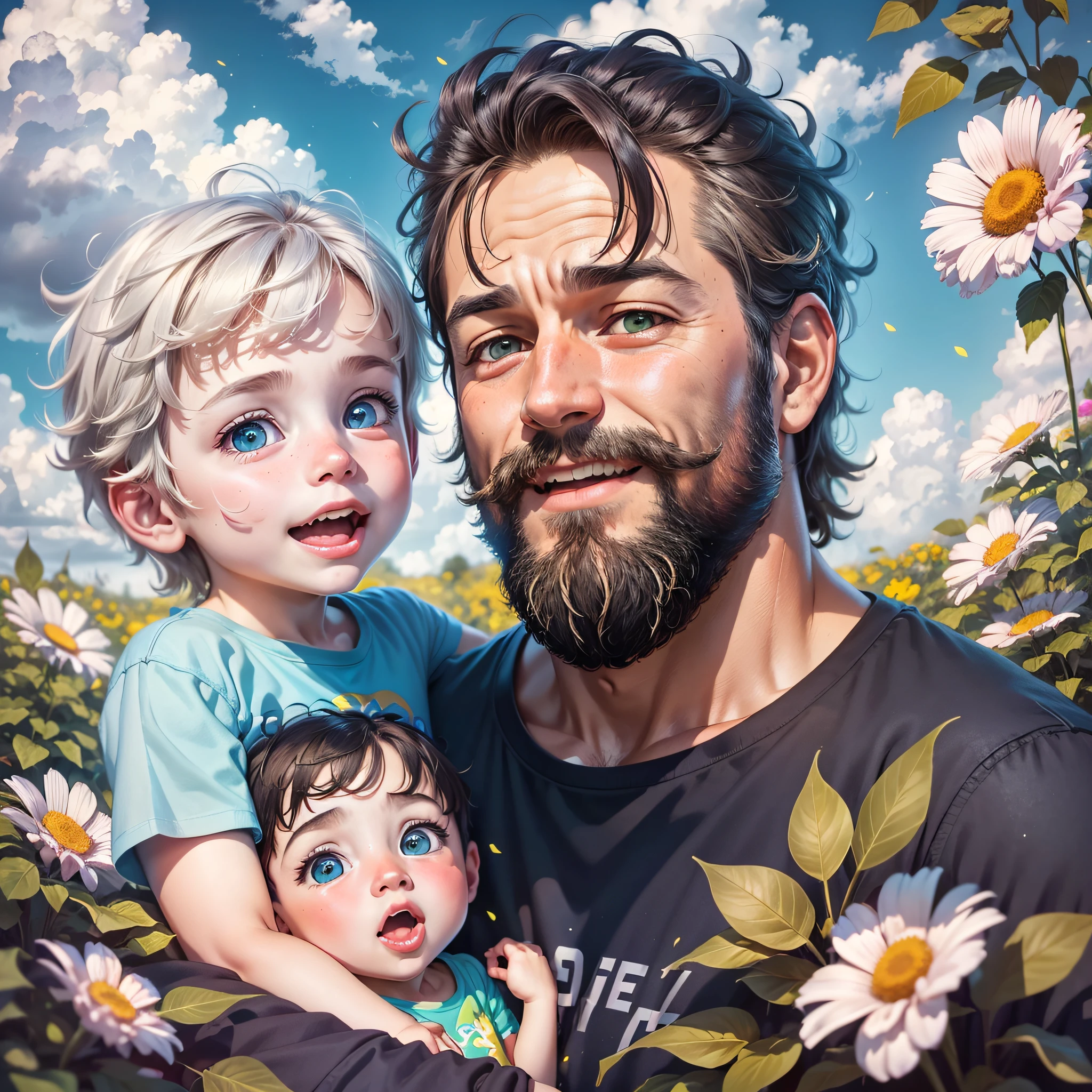 Make illustration poster, flat illustration, (((Father's Day))), (((Father and son)))), father with beard, shirt, light facial features, smile on face happiness, small children and middle-aged father, outdoors, sunny, blue sky and white clouds, green flowers and plants in the foreground, colorful, highly saturated, outline light, warm and bright, colorful, HD 8K, coloured light particles, heterochromatic, (colour: 1.5),