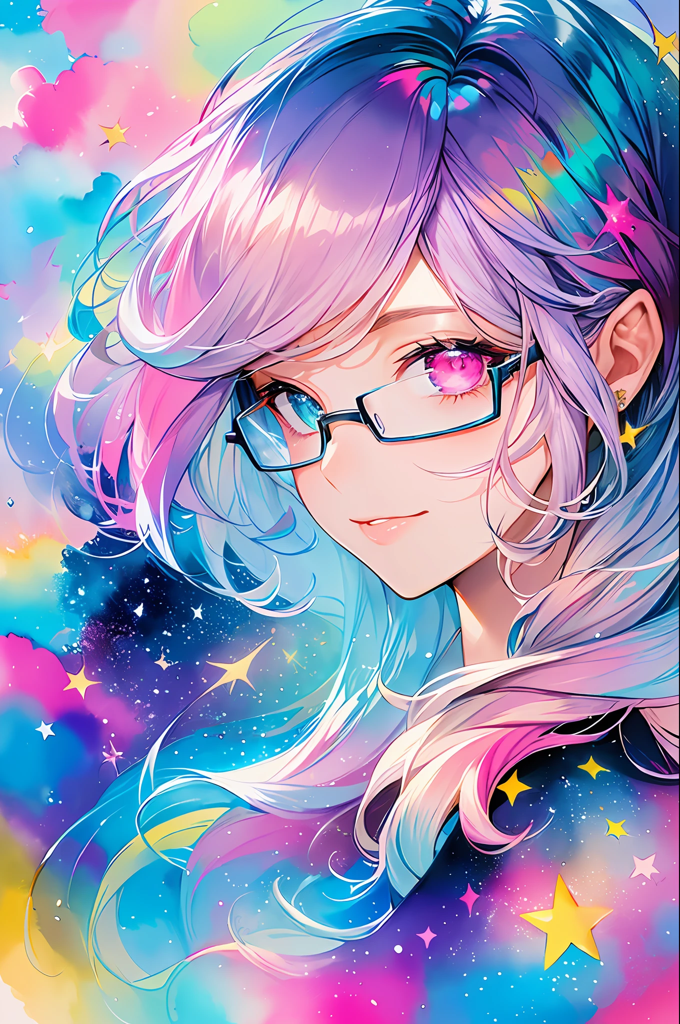 (Masterpiece, Top Quality, Best Quality, Watercolor (Medium), Official Art, Beautiful and Aesthetic: 1.2), (1 Girl: 1.3), (Fractal Art: 1.3), Upper Body, Sideways, Watching the Viewer, Pattern, (Iridescent Hair, Colorful Hair, Half Blue and Half Pink Hair: 1.2), Water, Liquid, Clouds, Colorful, Starry Sky, Stars, Smile, Glasses, Close Up, Heterochromia, (Colorful: 1.5)