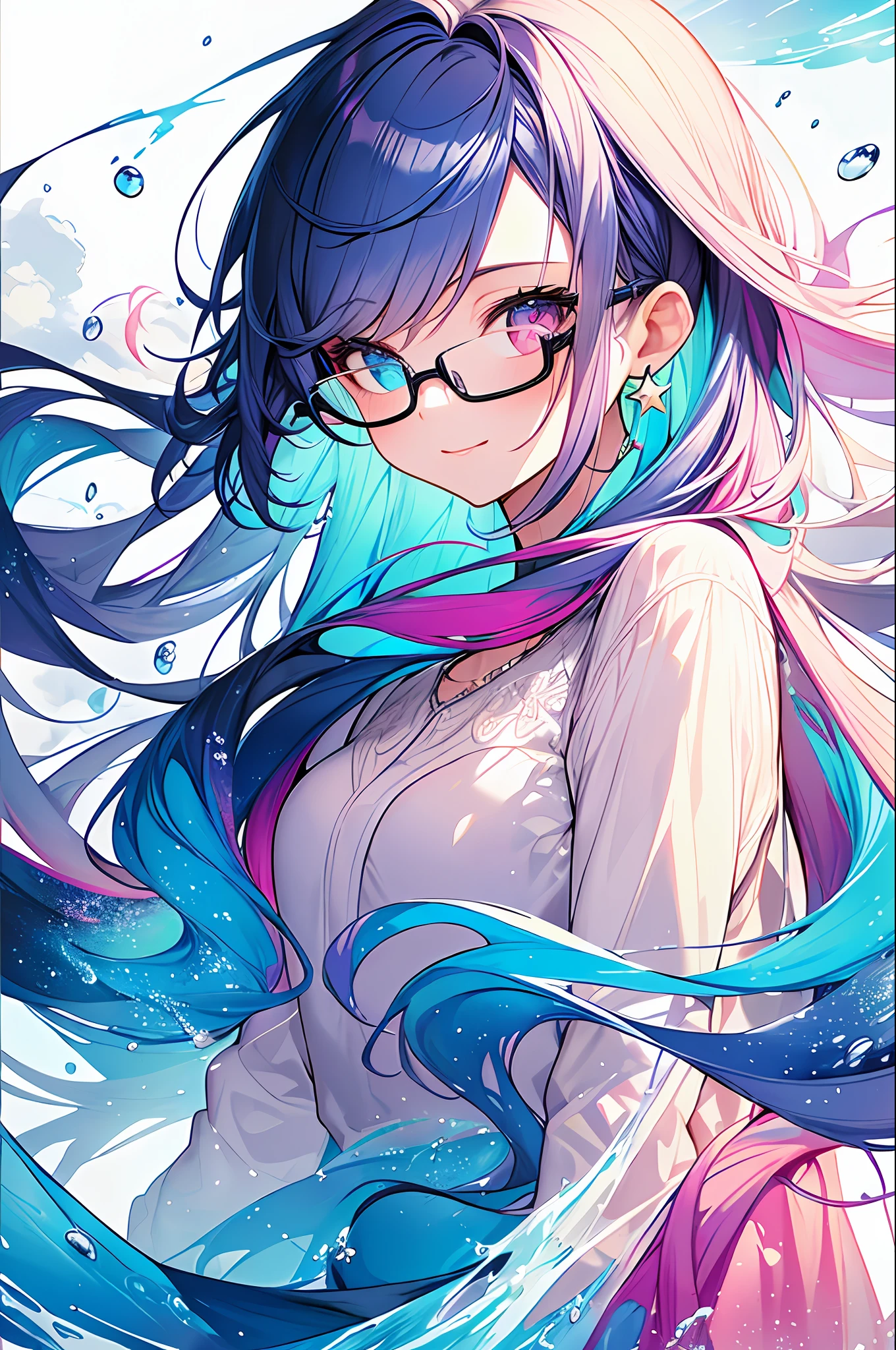 (Masterpiece, Top Quality, Best Quality, Watercolor (Medium), Official Art, Beautiful and Aesthetic: 1.2), (1 Girl: 1.3), (Fractal Art: 1.3), Upper Body, Sideways, Watching the Viewer, Pattern, (Iridescent Hair, Colorful Hair, Half Blue and Half Pink Hair: 1.2), Water, Liquid, Clouds, Colorful, Starry Sky, Stars, Smile, Glasses, Close Up, Heterochromia, (Colorful: 1.5)