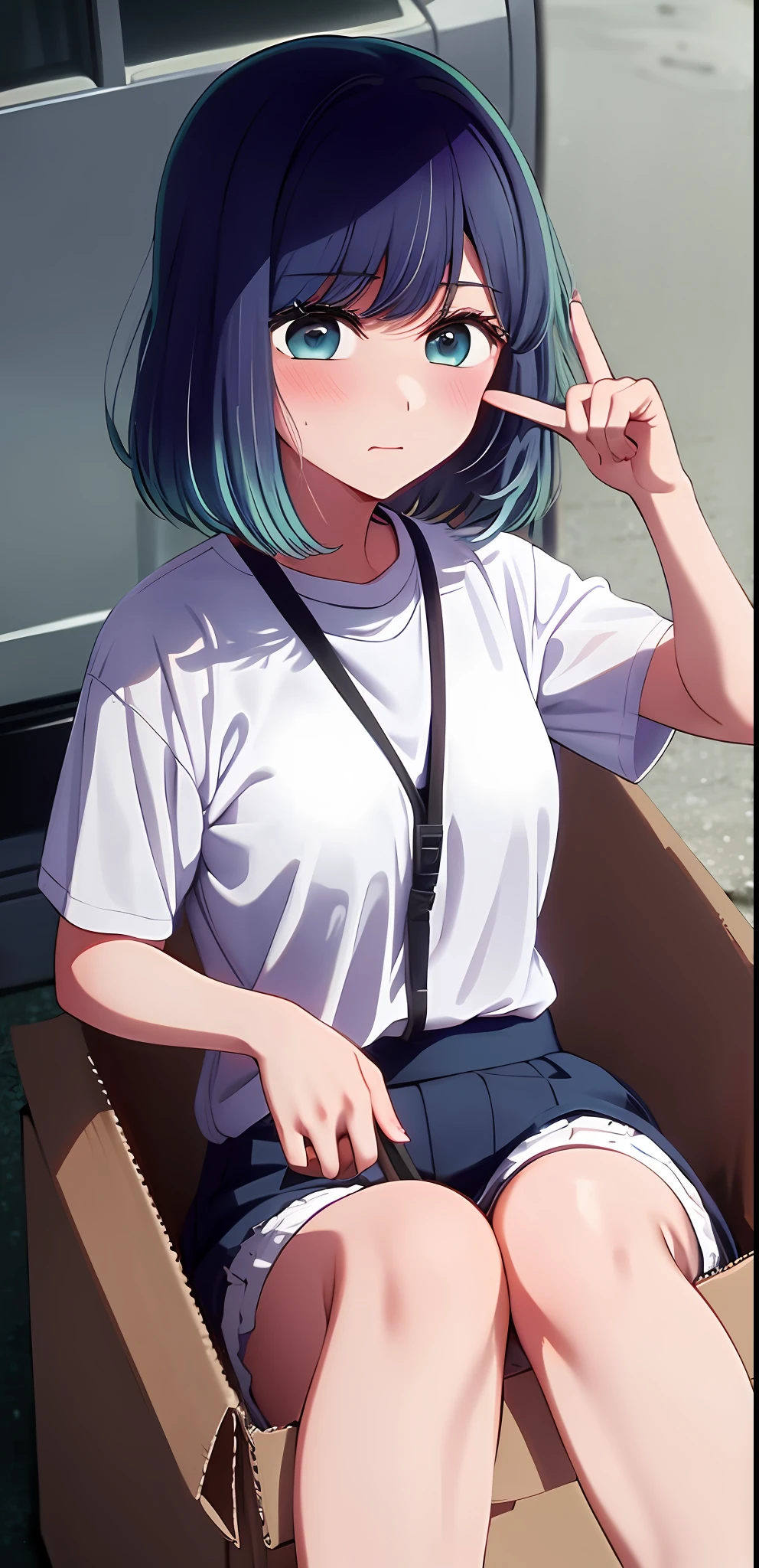 in container, 1girl, solo, blue hair,blue eyes, shirt, blush, sitting, white shirt, snowing, bangs, closed mouth, short sleeves, snow, full body, sitting ,(box:1),in box,looking at viewer, medium breast, blushing, sweating , tag on shirt, post card, heart, hand peace sign, surprised face, laying down
