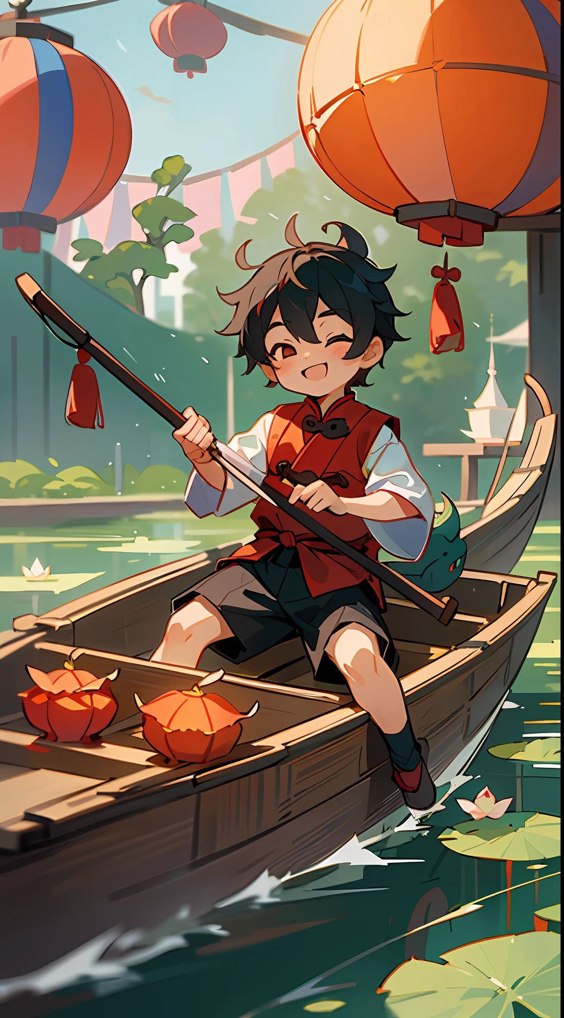 A cute boy from china,rowing a boat with a huge Chinese dragon behind him,happy smile,Chinese festivals, Dragon Boat Festival,flat illustrations, zongzi, lotus lanterns floating in the river, uper details,depth of field,ultra high definition -