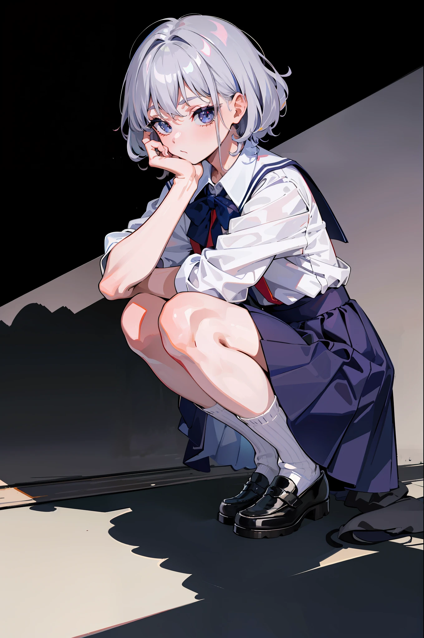 Best Quality, Masterpiece, Boy's Photo, Squat, School Uniform, Little Boy, Royal, (8K, Best Quality, Masterpiece:1.2), Ultra Highres, Intricate Details,
1boy, (beautiful face:1.2), puffed socks, loafers, Harajuku, punk,loose socks,short hair,leg warmers, curly hair, solo,silver hair