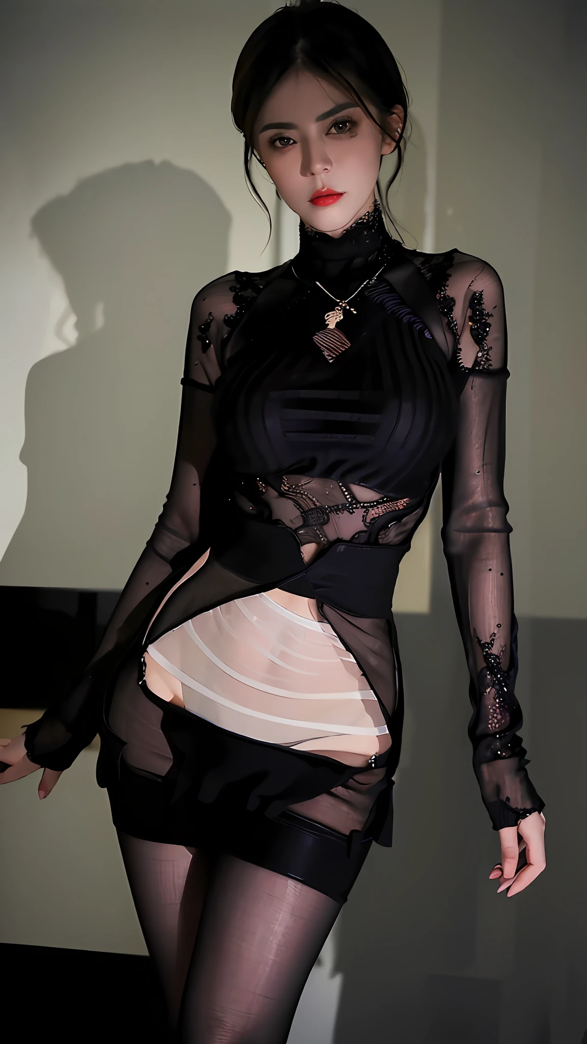 Best quality, masterpiece, ultra high res, (photorealistic: 1.4), raw photo, 1girl, sensual look, (((transparent and tight black lace sweater)), and provocative attitude,((large brea(Wide hips)), cold light, high quality