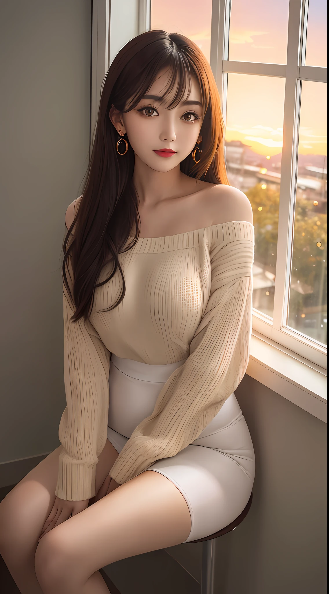 1 beautiful girl, sad girl, sitting by the window, long hair, beautiful face without blemishes, rosy face, earrings, brown eyes, thin eyebrows, most thorough makeup is eyelashes, red lips, lips petite, graceful smile, big and round bust, slim waist, big butt, long legs, wearing white sweater, black mesh stockings, long hair, one afternoon, sunset is fading, sky color orange, clear sunset background image, sad girl, sitting by the window, 1 afternoon, sunset is fading, sky is orange, detailed sunset background image, quality best image quality, 8k quality, 4x scale, real girl, girl portrait sitting by the window, artwork, upper body half,