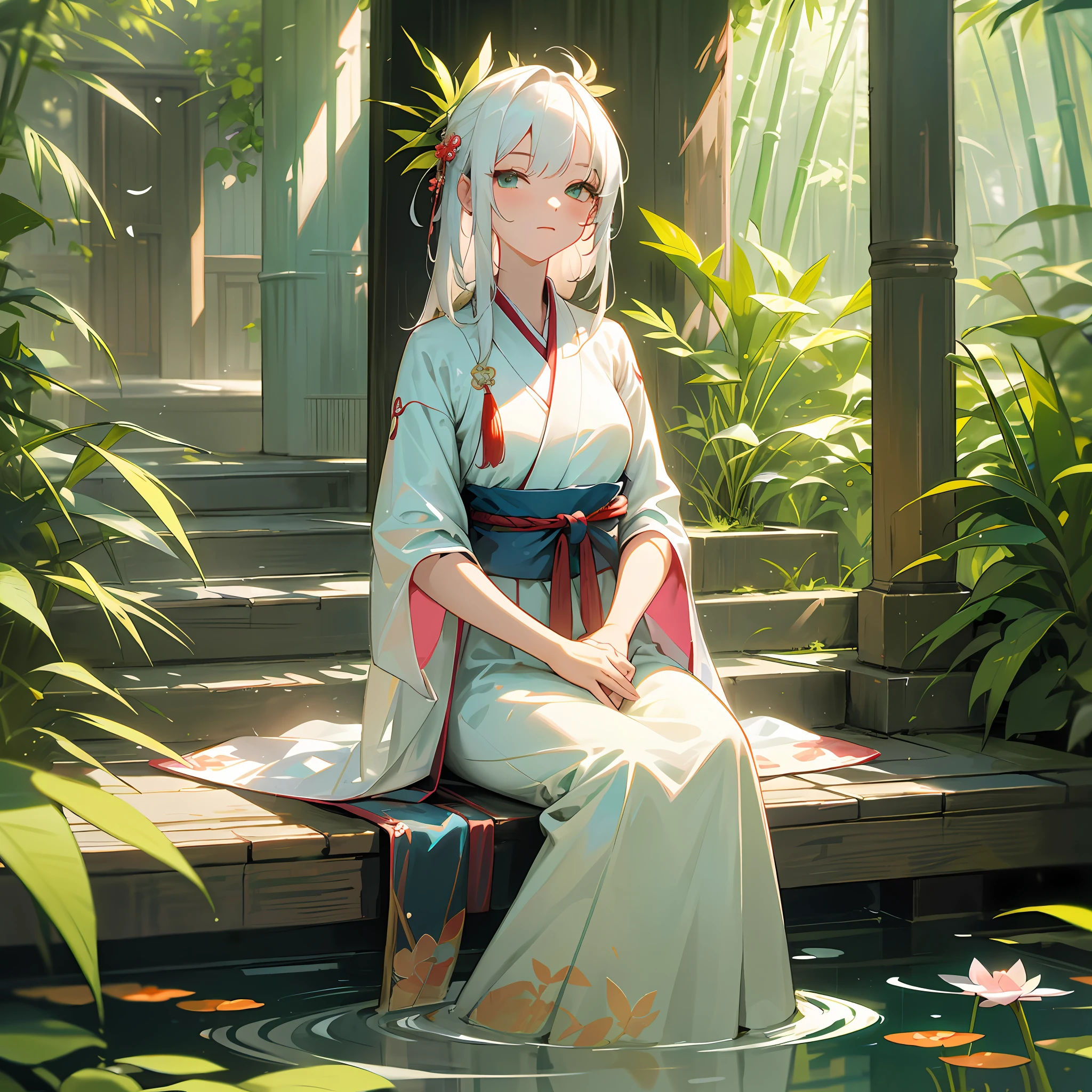Two-dimensional, ancient style, spring garden, outdoor, white hair, Hanfu, nature, there is a pond in the middle of the courtyard, begonia floating on the pond, girl sitting on a bench in the corridor, wearing a transparent feather robe, holding a bamboo flute, random body posture, best quality, light and shadow rendering, 8K, masterpiece