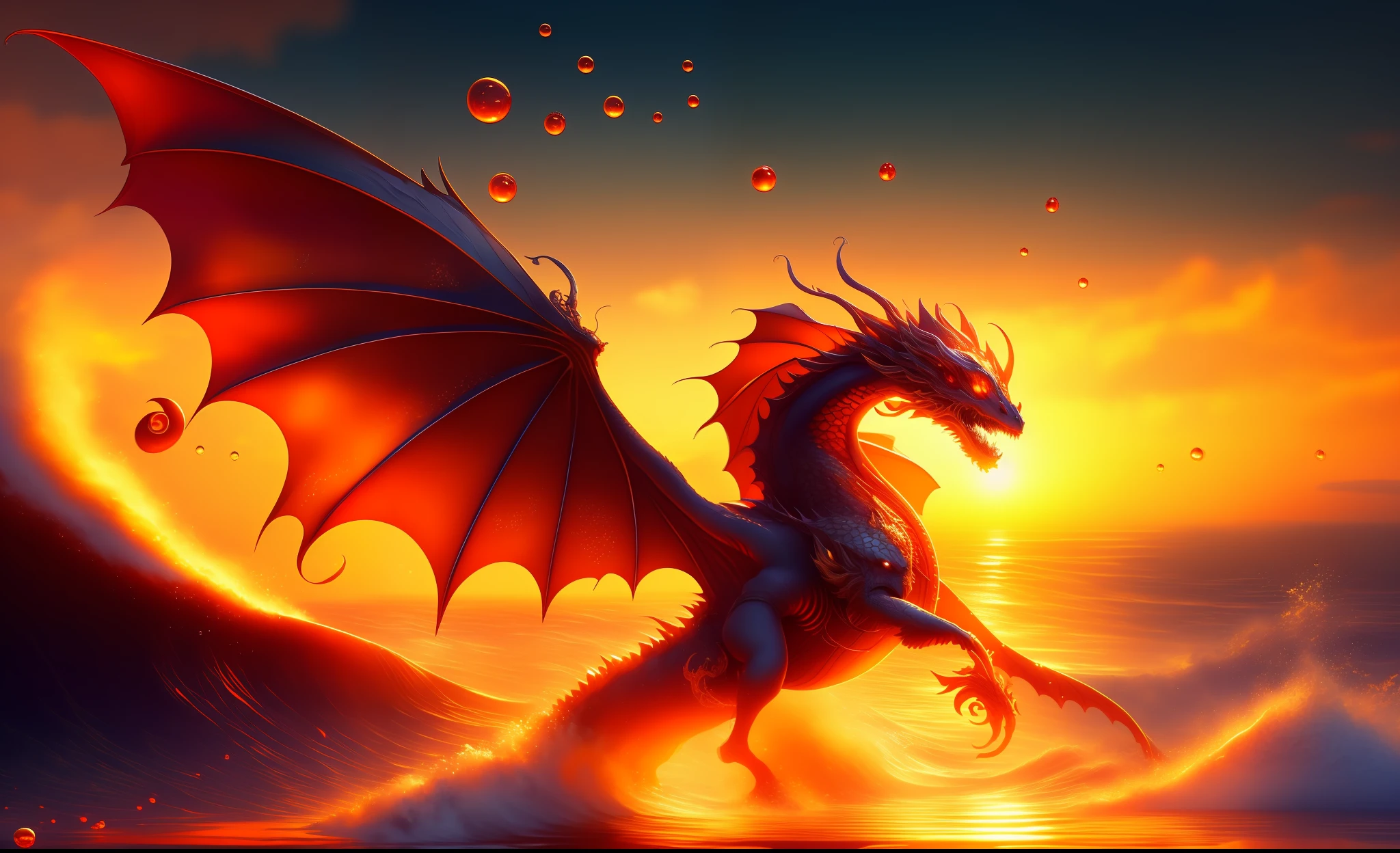 Masterpiece, best quality, (8k wallpaper of very detailed CG unit) (best quality), (best illustration), (best shadows) a golden sea wave, bright orange aol sunset through the wave, golden droplets flying, (:1.6) A realistic dragon flying above the waves