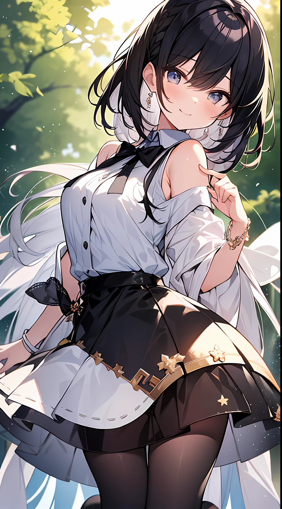 Top quality, masterpiece, high resolution, 8k, pale shades overall, light shirt and skirt and anime style girl, one girl, cute, detailed line art, bright white and bright amber style, frolic, digital enhancement, close-up, anime core, flowing fabric, hair length to shoulders and short braid, beautiful black hair, big smile, fun, full body reflection angle, slender