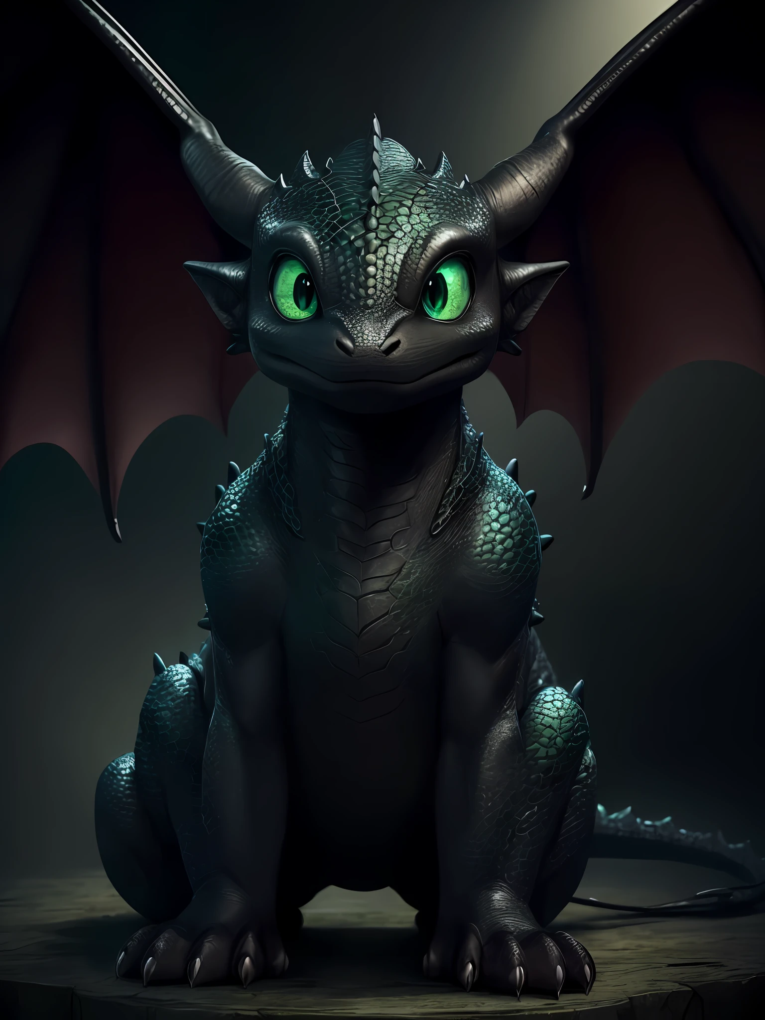 Baby dragon, beautiful two wide vibrant green eyes, love, tenderness, four legs, detailed realistic skin, dark black skin, detailed eye, dark leather body, smooth head, realistic lighting, wide head but smaller height, black body, (two wings), (1head), how to train your dragon, standing, body textures quality, happy face, neutral smile, smooth head, (wings in the center of the back),  stylish tail, realistic paws, two legs,