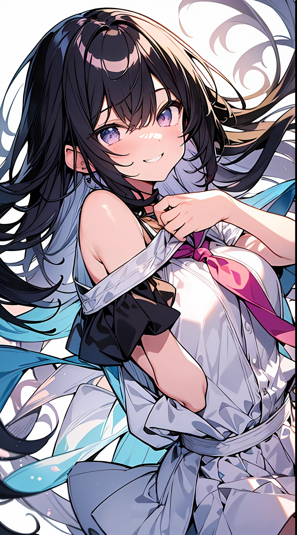 Top Quality, Masterpiece, High Resolution, 8k, Pastel Color, Anime Style Girl with Light Shirt and Skirt, Single Girl, Cute, Detailed Line Art, Bright White and Bright Amber Style, Frolic, Digital Enhancement, Close Up, Anime Core, Flowing Fabric, Hair length and short braids to the shoulders, Beautiful black hair, big smile, Full body angle