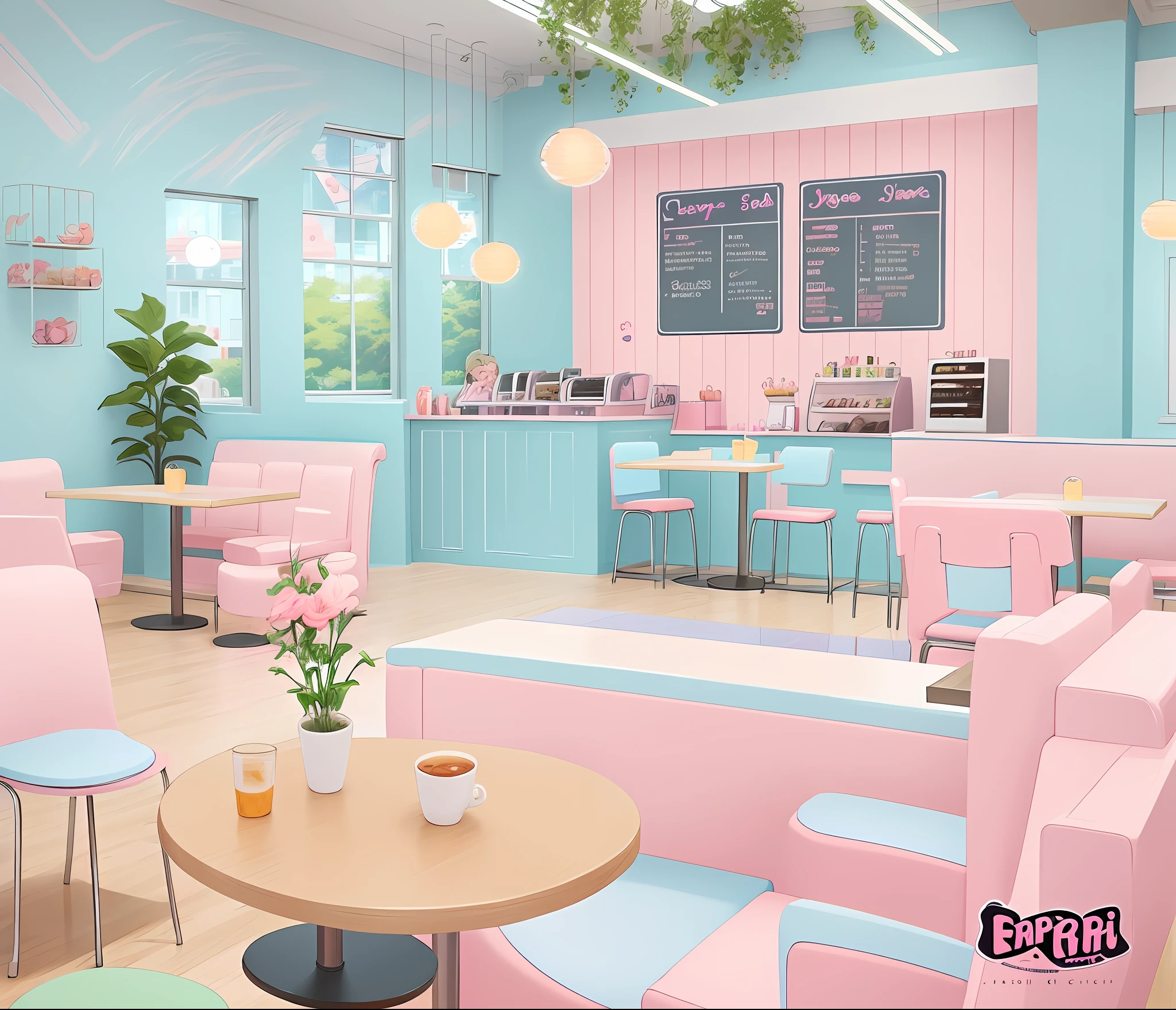 there is a painting of a restaurant with a pink and blue color scheme, cozy cafe background, anime background art, fantasy bakery interior setting, anime scenery concept art, interior background art, relaxing concept art, cafe interior, colorful anime movie background, kawaii hq render, style of madhouse studio anime, colorful concept art, background art, cafe, bright happy atmosphere